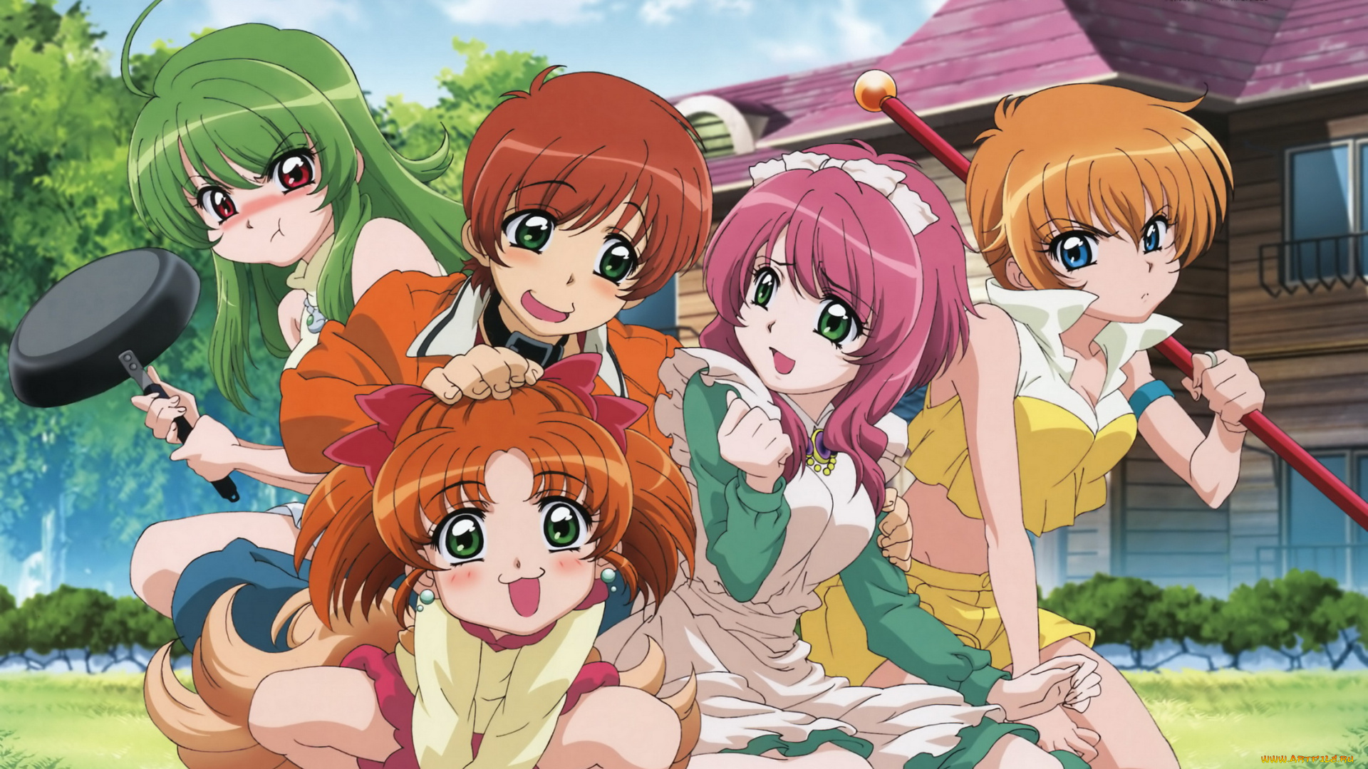 аниме, inukami, лужайка, дом, палка, сковорода, девочки