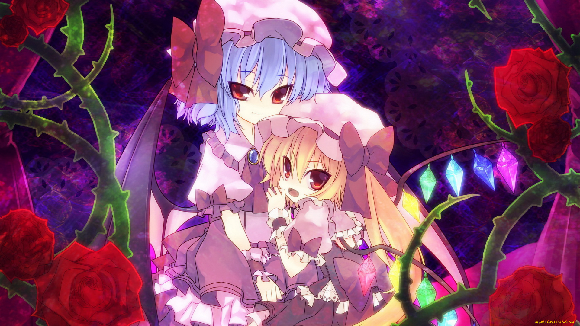 аниме, touhou, кристаллы, розы, цветы, девочки