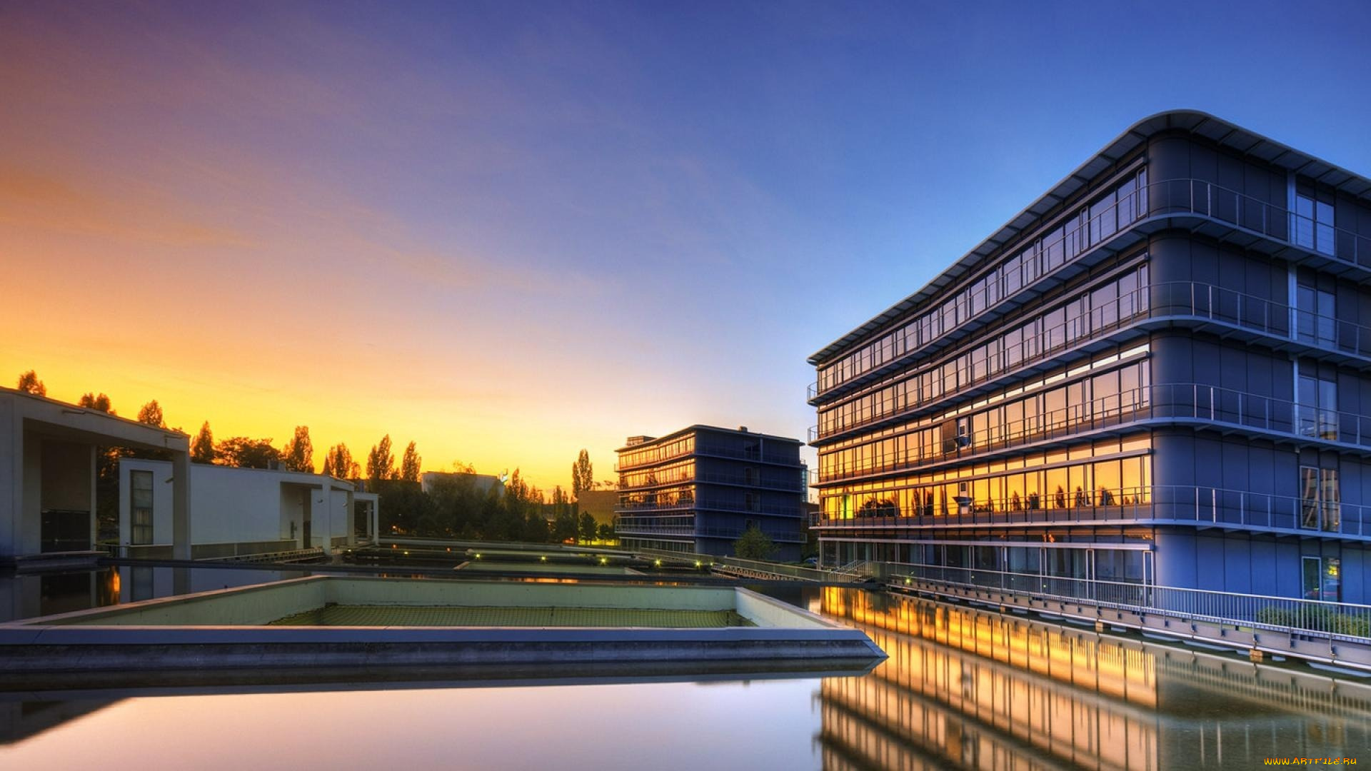 города, -, улицы, , площади, , набережные, бассейн, здания, закат