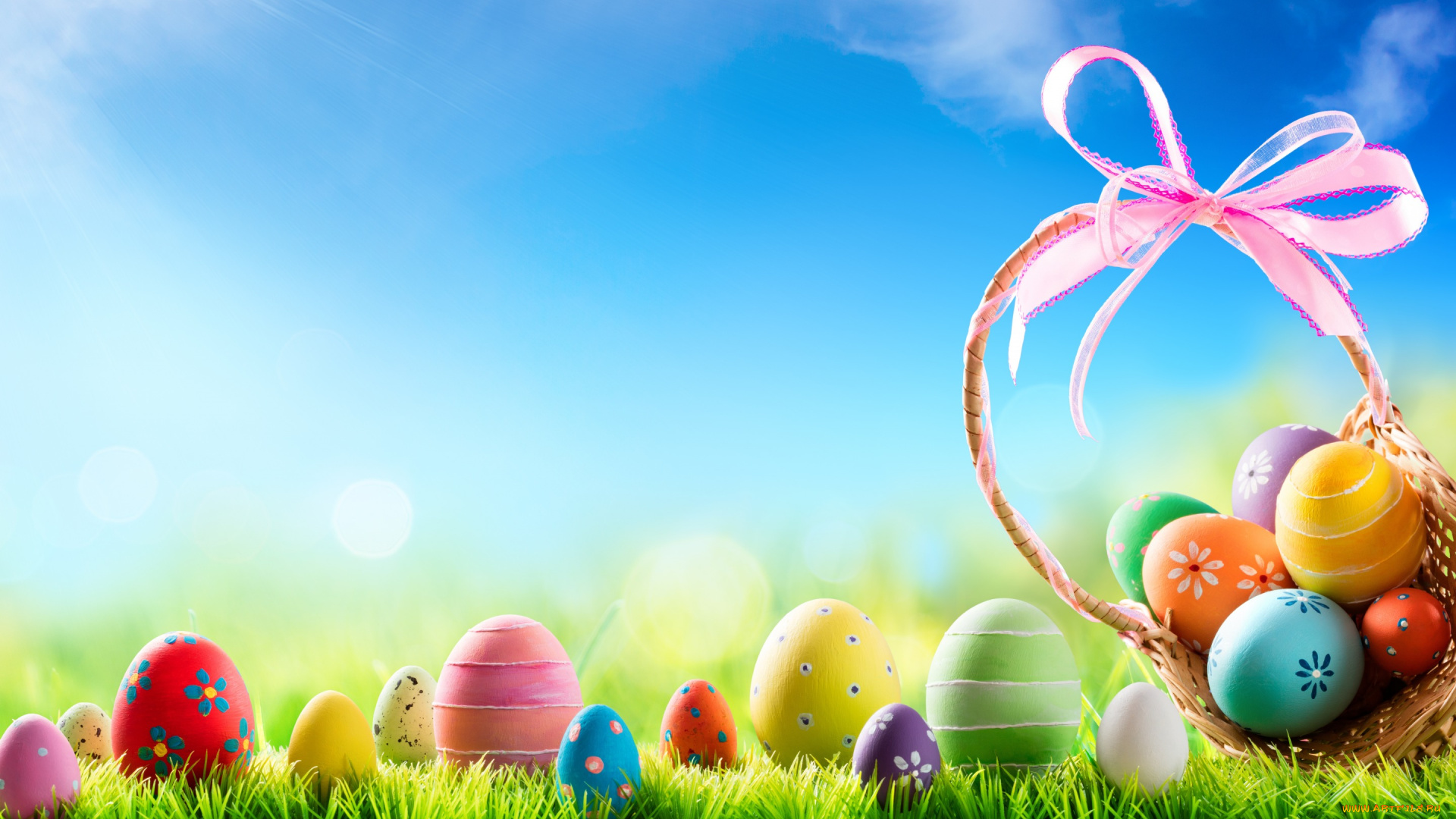 праздничные, пасха, весна, корзина, decoration, easter, трава, солнце, яйца, крашеные, eggs, flowers, spring, happy, цветы