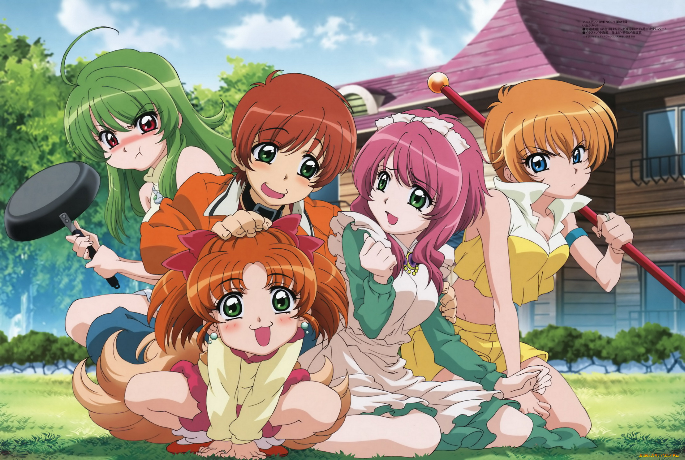 аниме, inukami, лужайка, дом, палка, сковорода, девочки