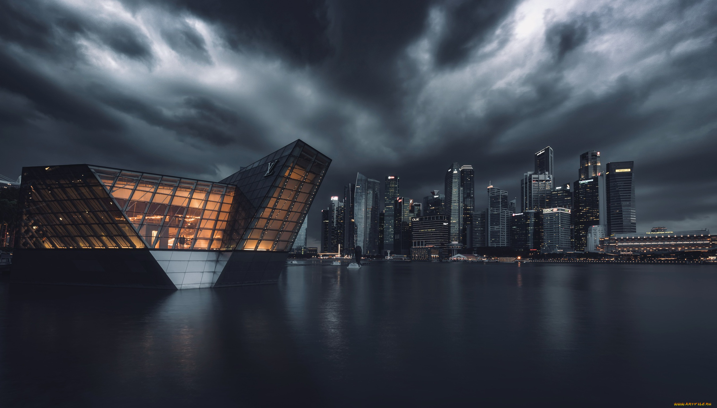 города, -, огни, ночного, города, дома, тучи, вода, город