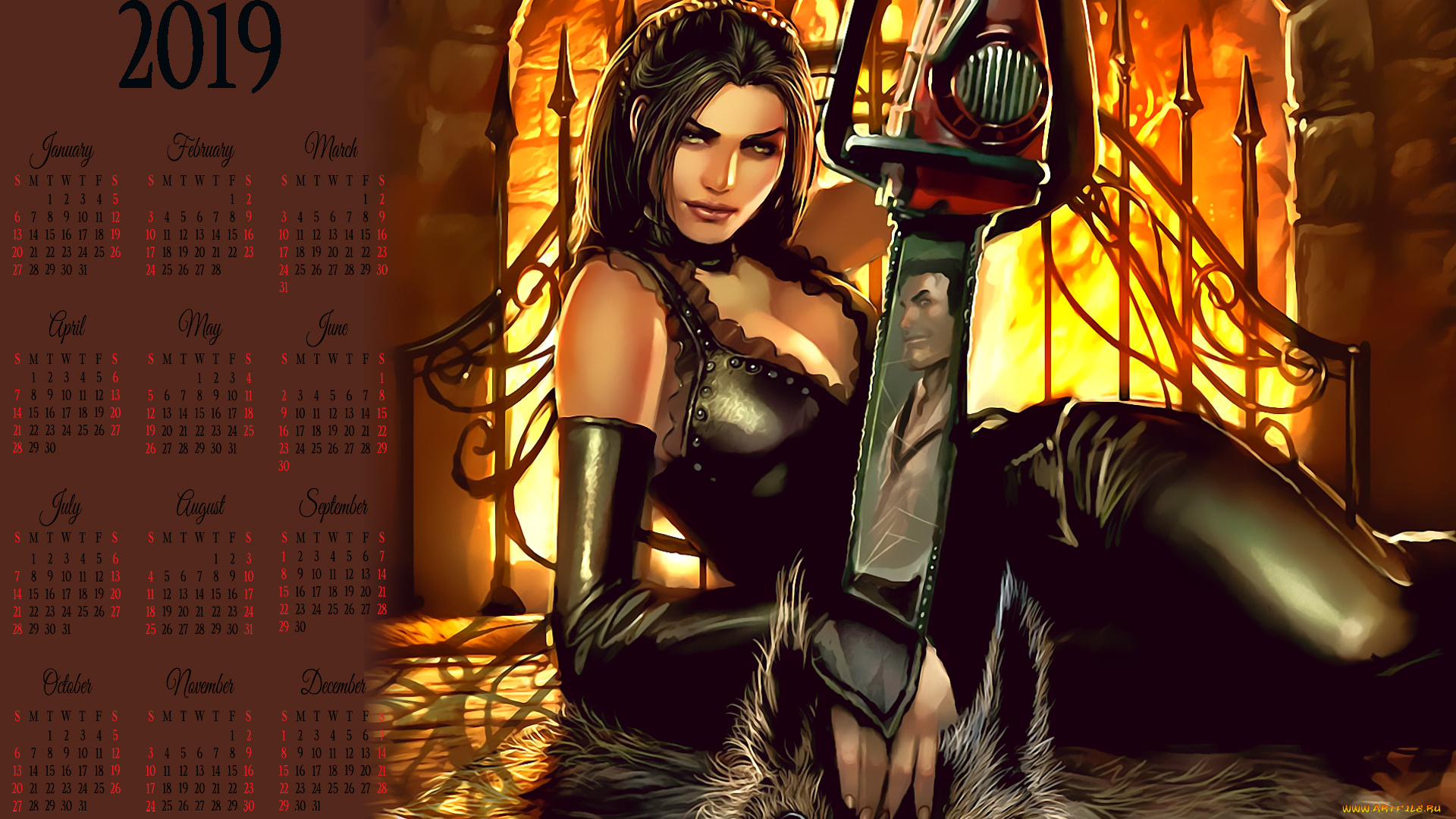 календари, фэнтези, девушка, оружие, отражение, мужчина