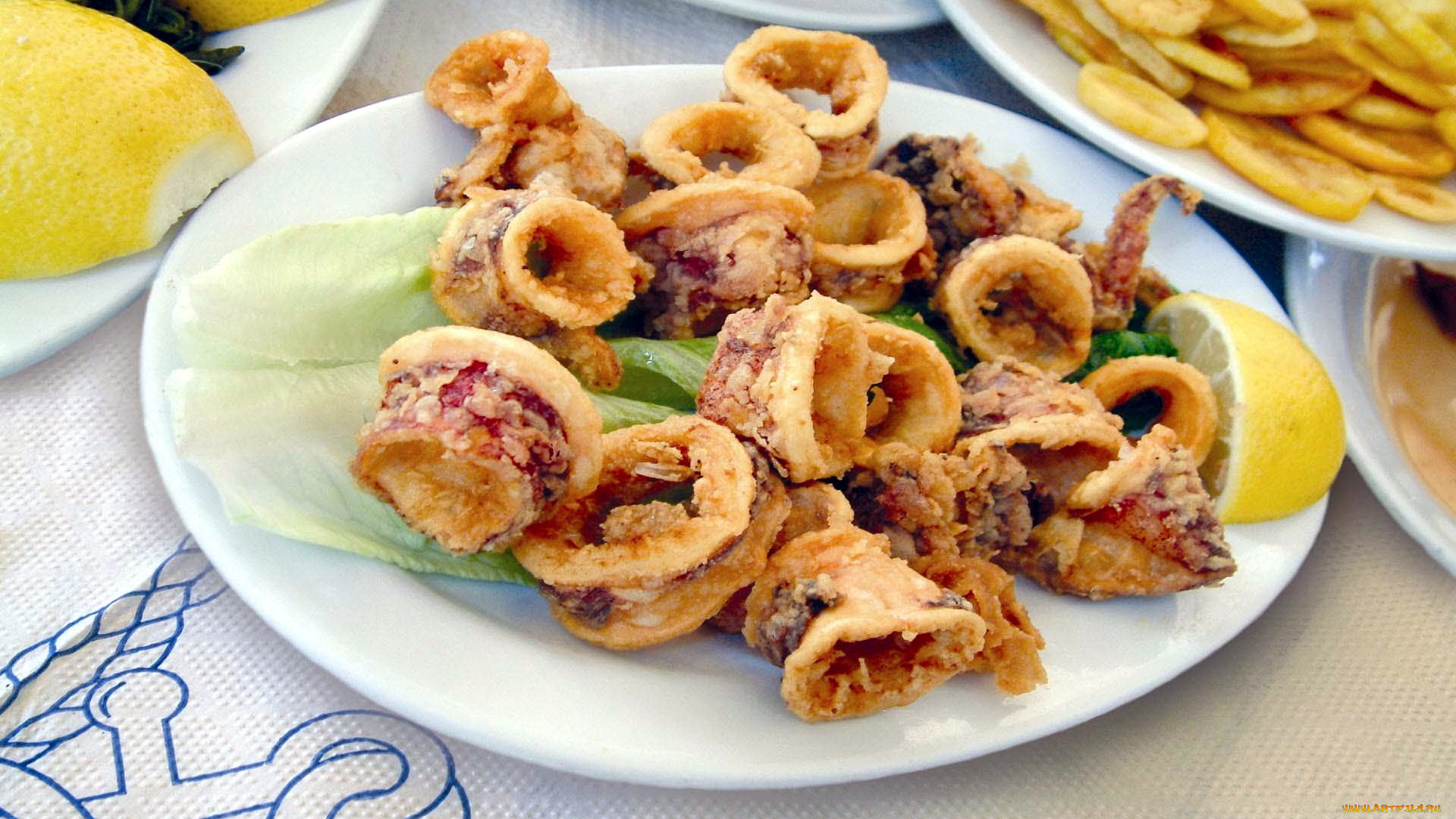 еда, рыбные, блюда, , с, морепродуктами, греческая, кухня, кальмар