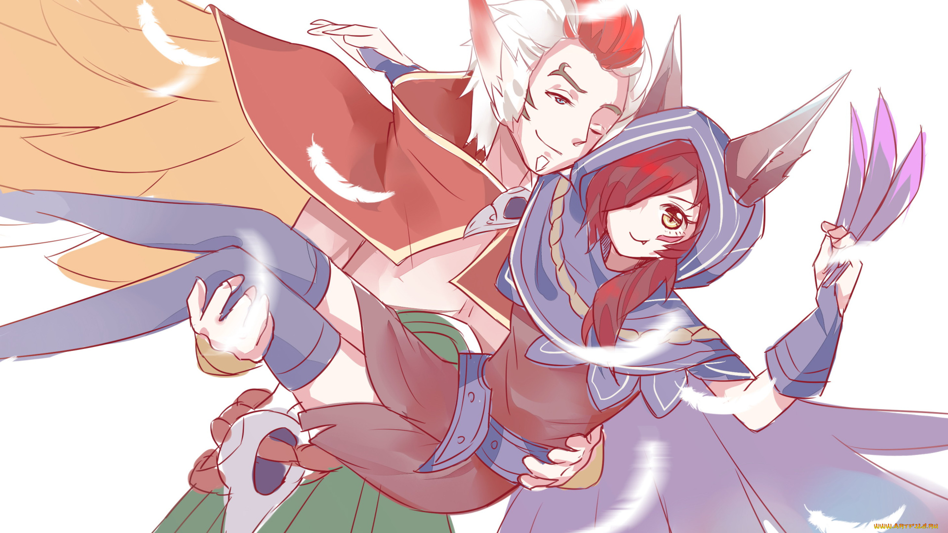 видео, игры, league, of, legends, rakan, xayah, перья, крылья, пара