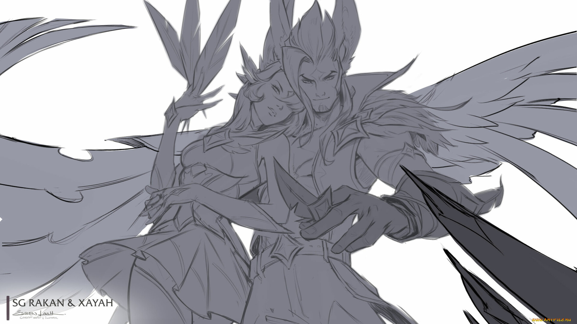 видео, игры, league, of, legends, rakan, xayah, пара, эскиз