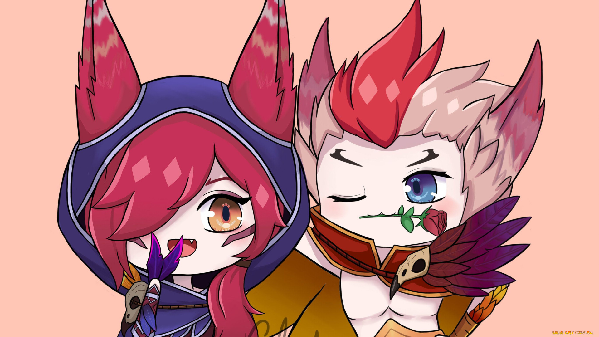 видео, игры, league, of, legends, rakan, xayah, пара, чиби, роза