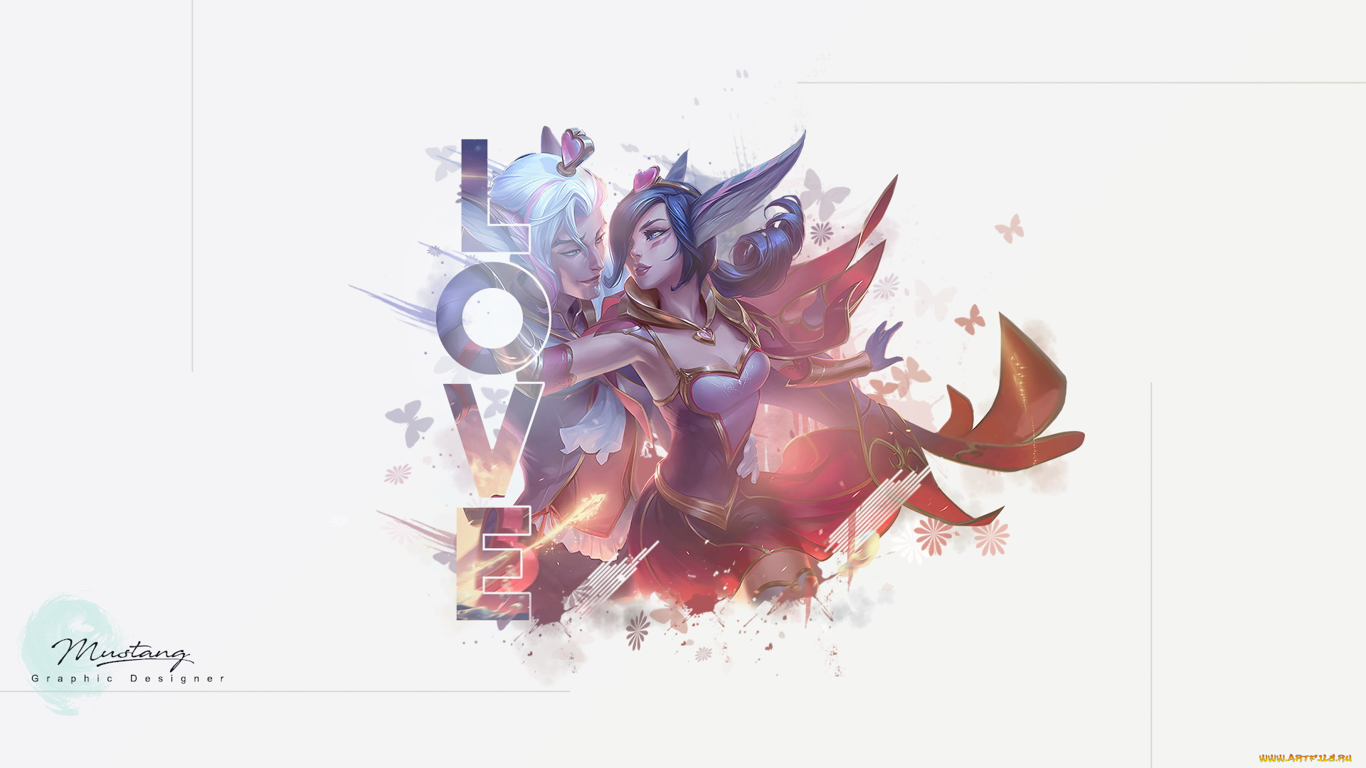 видео, игры, league, of, legends, rakan, xayah, пара, цветы, магия, крылья, бабочки