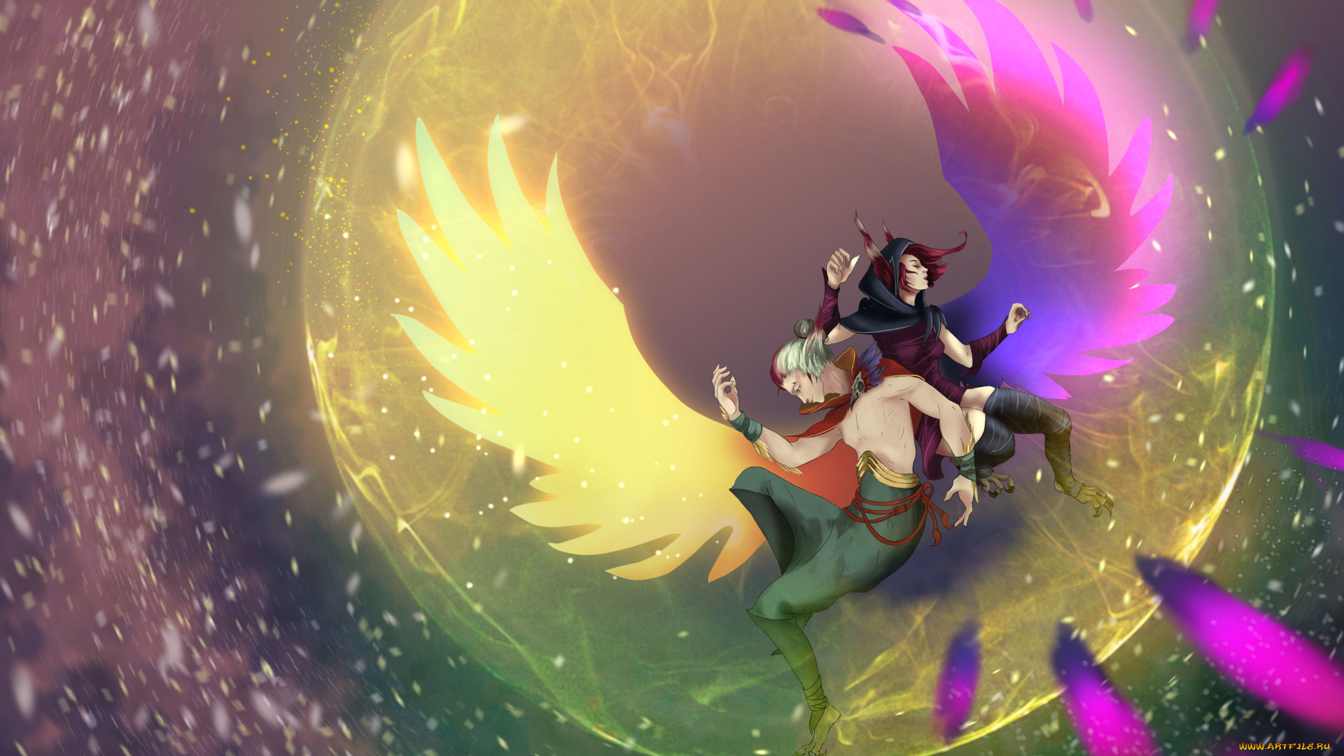 видео, игры, league, of, legends, rakan, xayah, пара, крылья, магия