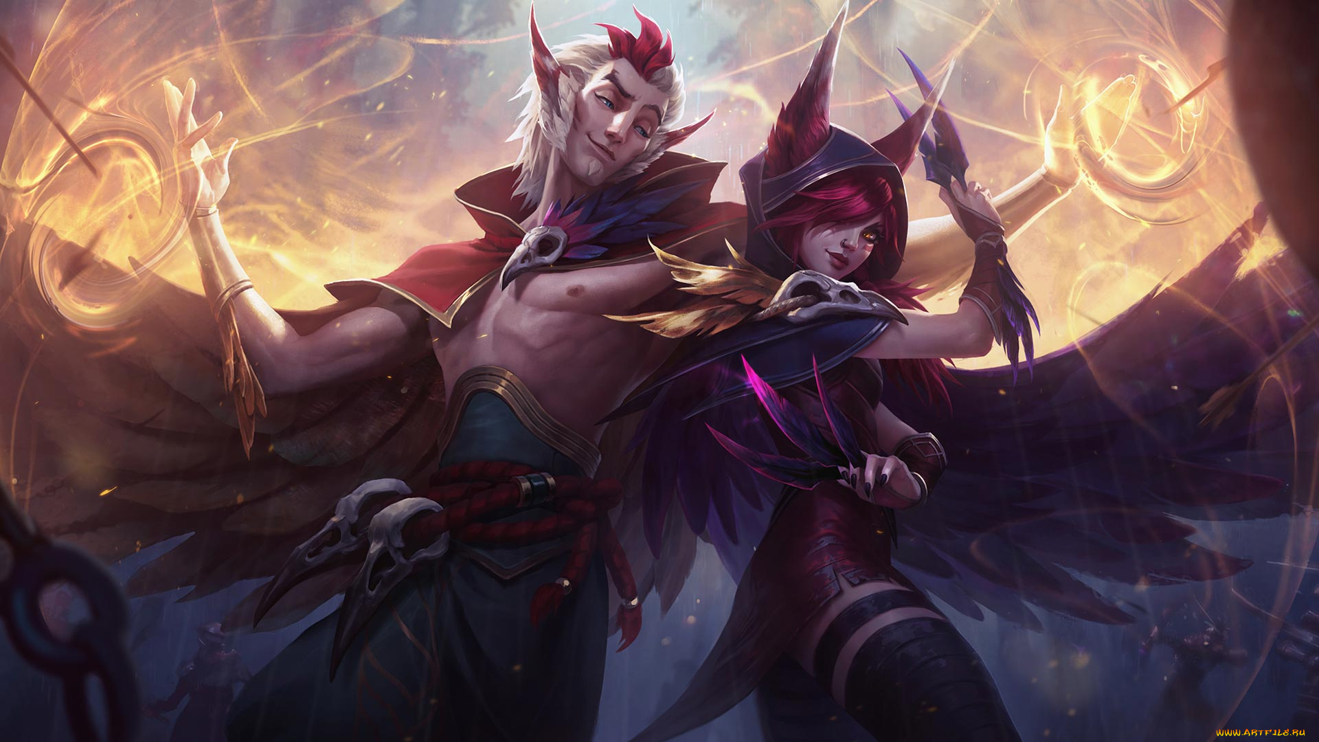 видео, игры, league, of, legends, rakan, xayah, пара, перья, магия, крылья