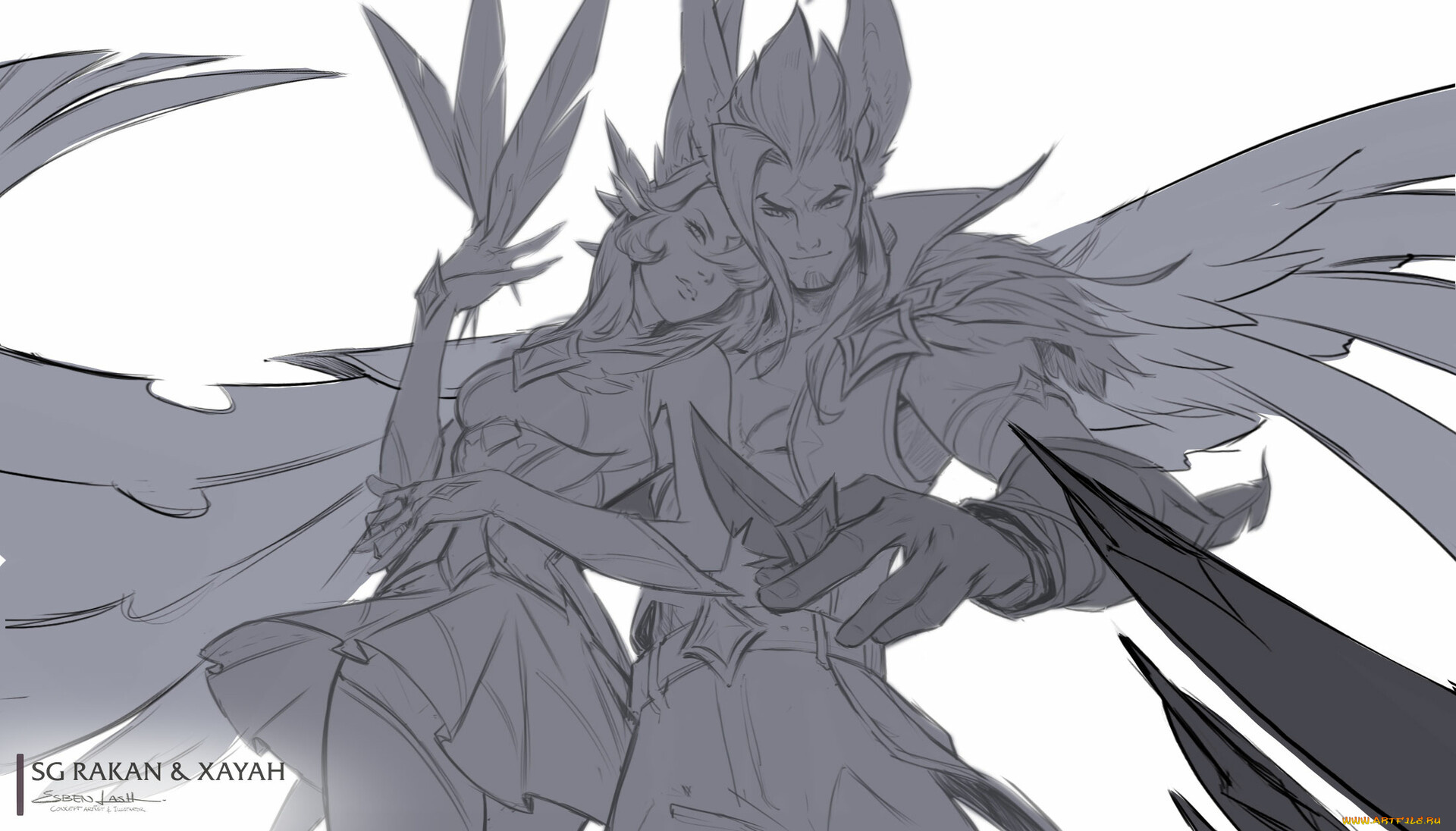 видео, игры, league, of, legends, rakan, xayah, пара, эскиз