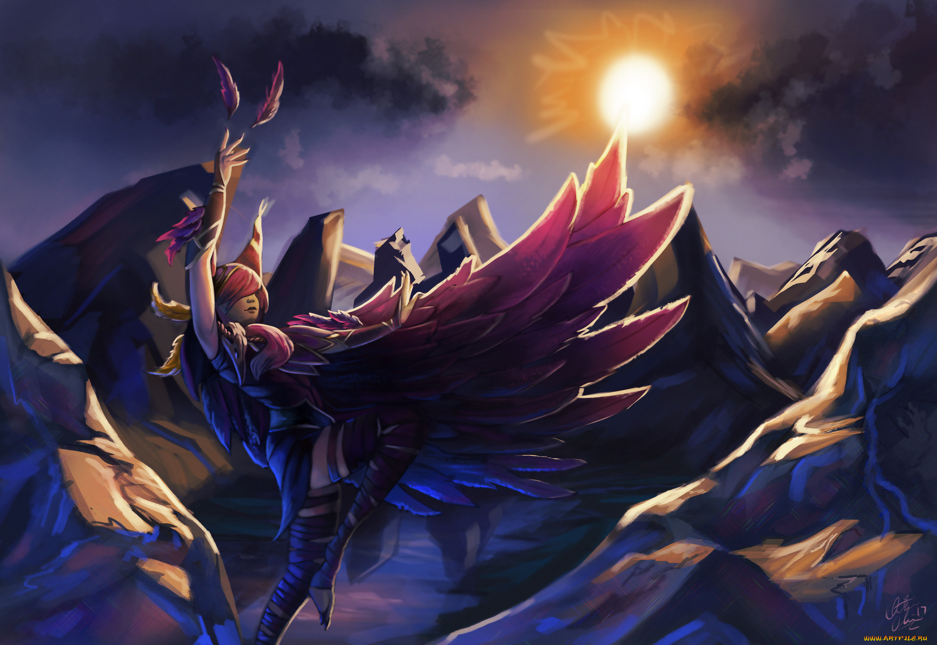 видео, игры, league, of, legends, xayah, перья, крыло, скалы