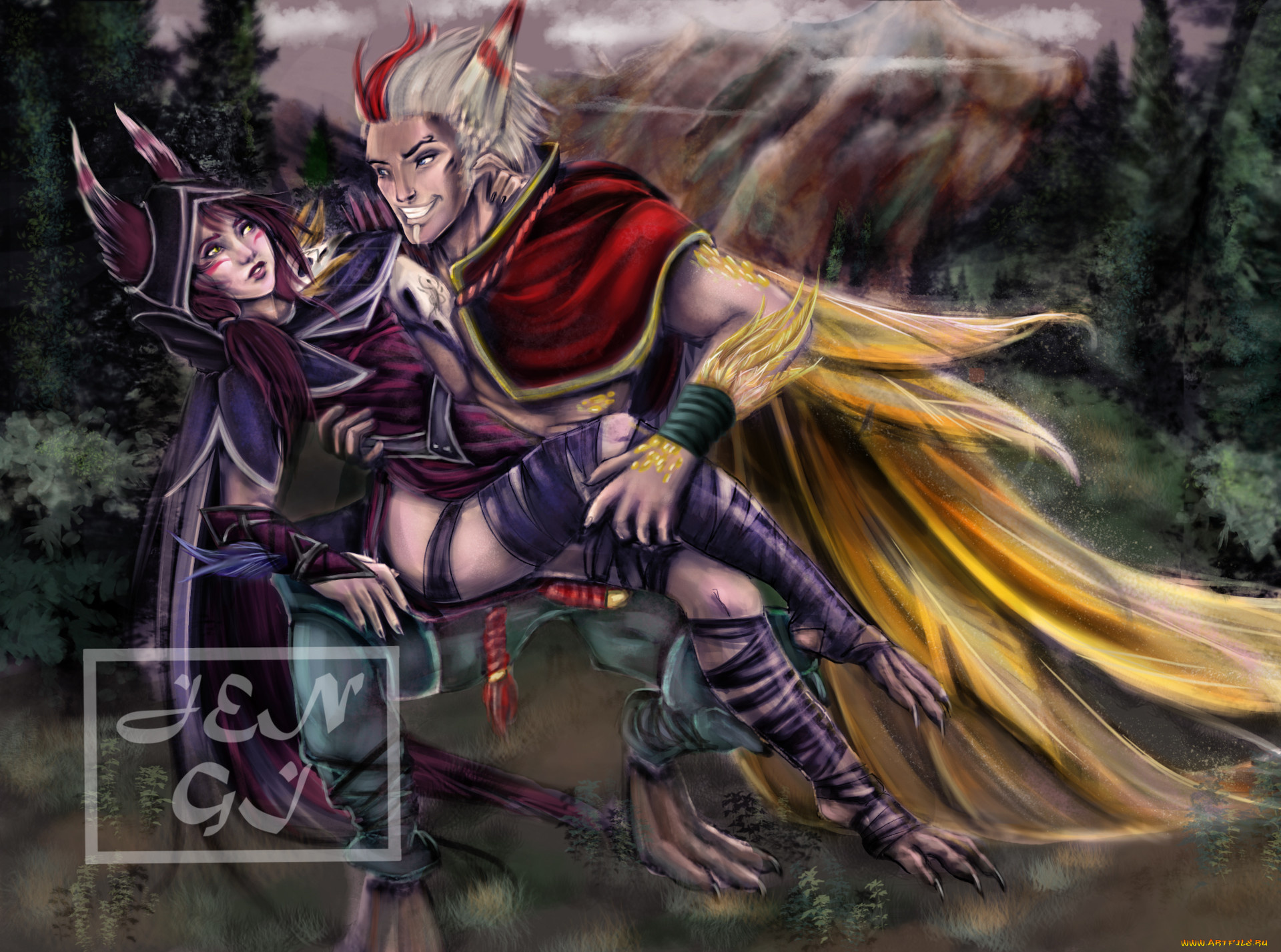 видео, игры, league, of, legends, rakan, xayah, пара, природа