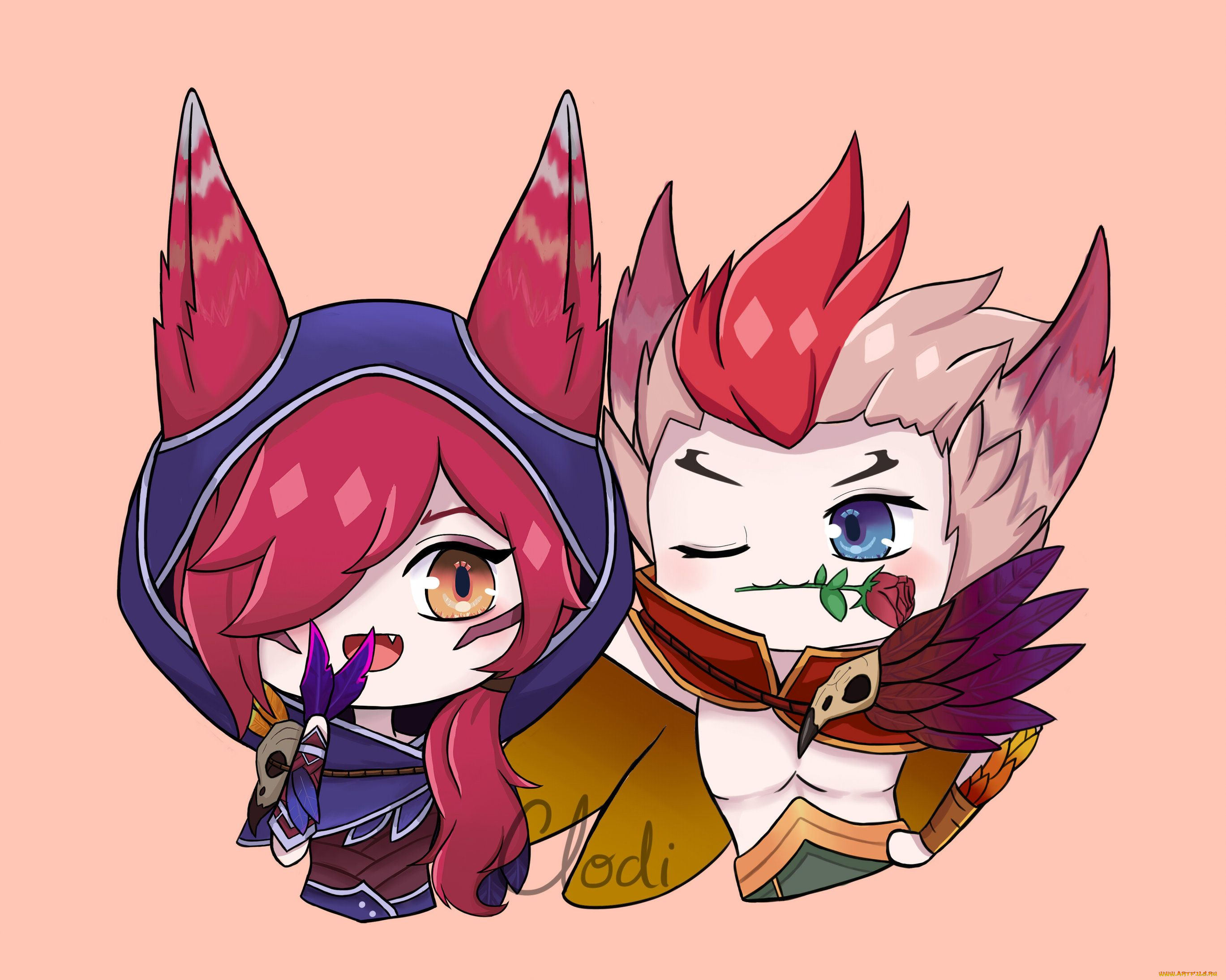 видео, игры, league, of, legends, rakan, xayah, пара, чиби, роза