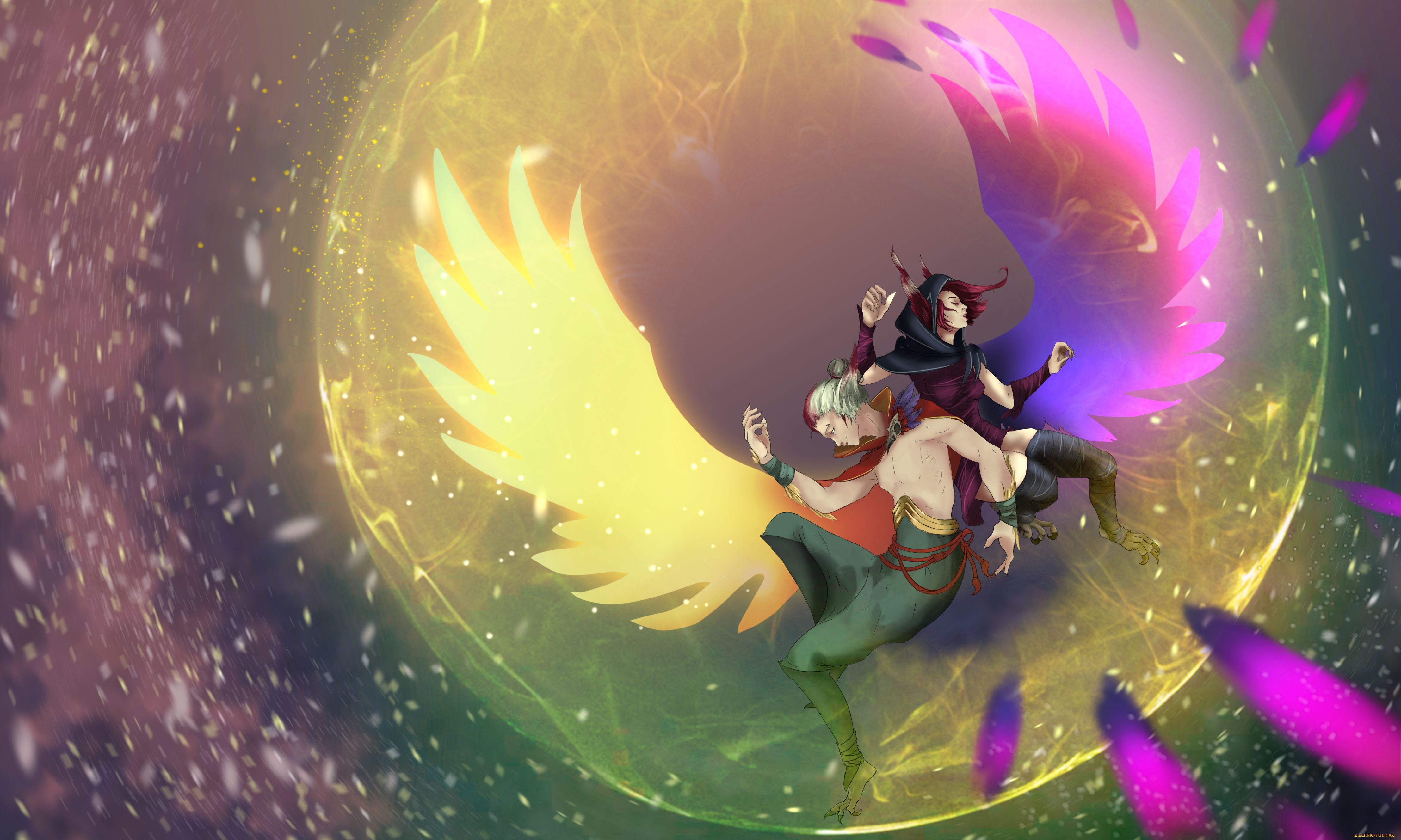 видео, игры, league, of, legends, rakan, xayah, пара, крылья, магия