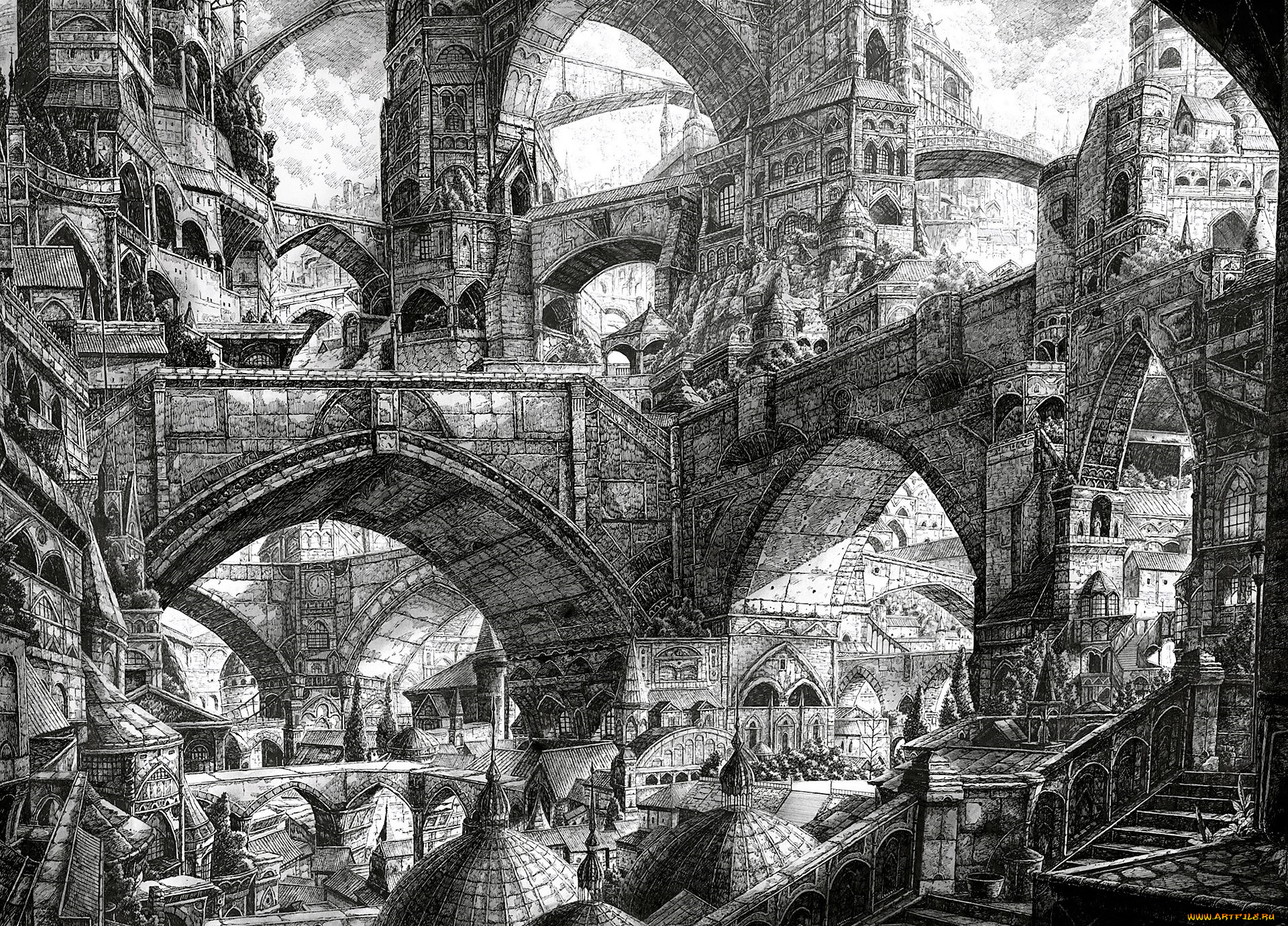 рисованное, города, графика, город, лабиринт, улицы