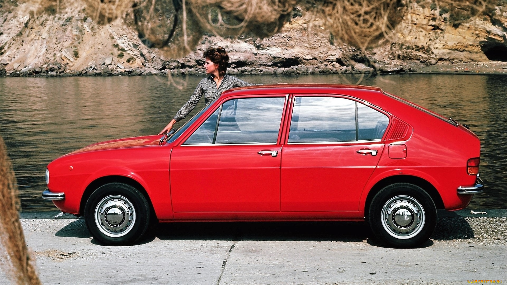 автомобили, alfa, romeo, красный, девушка, озеро