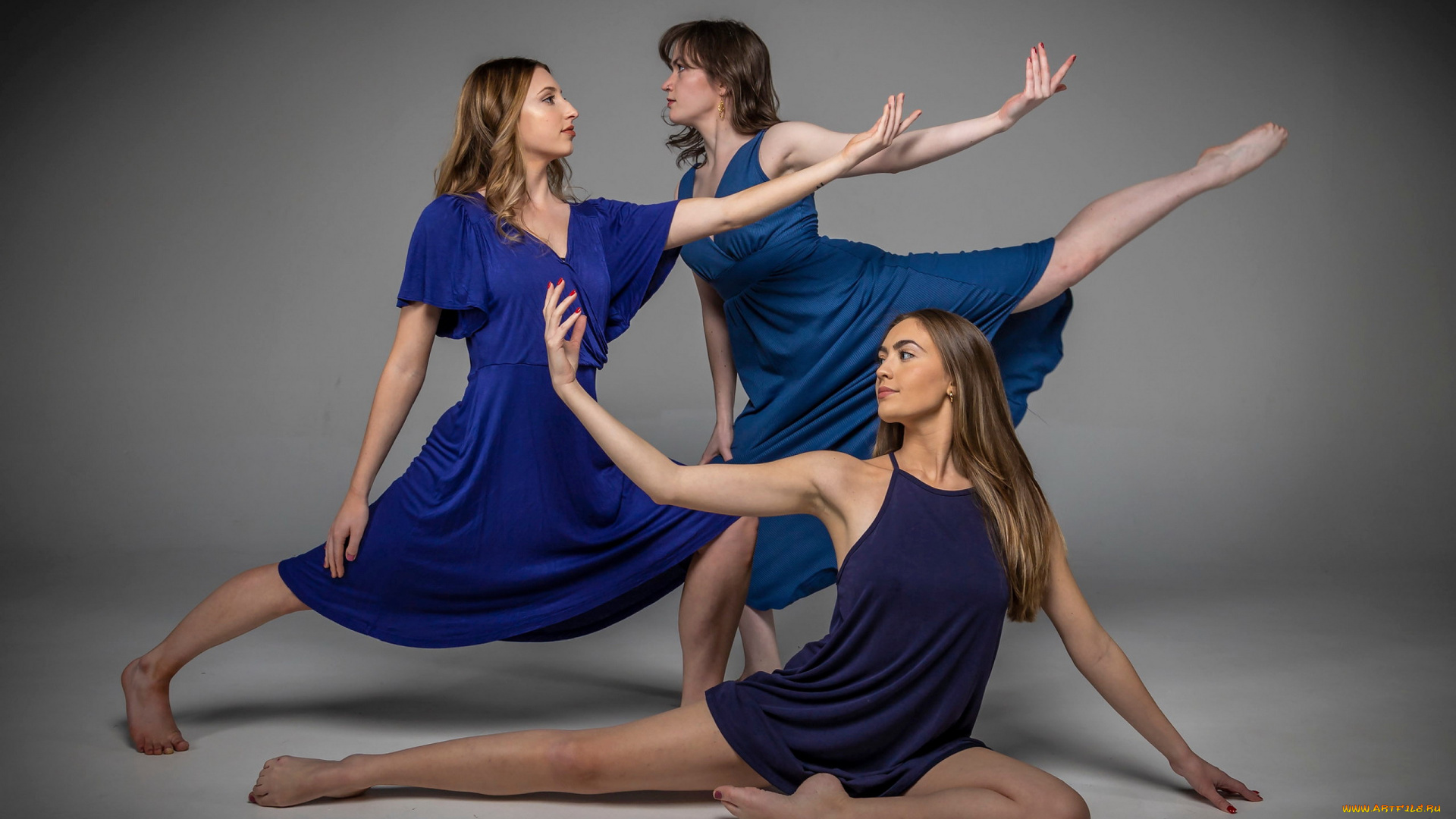 девушки, -, группа, девушек, шатенки, позы, платья