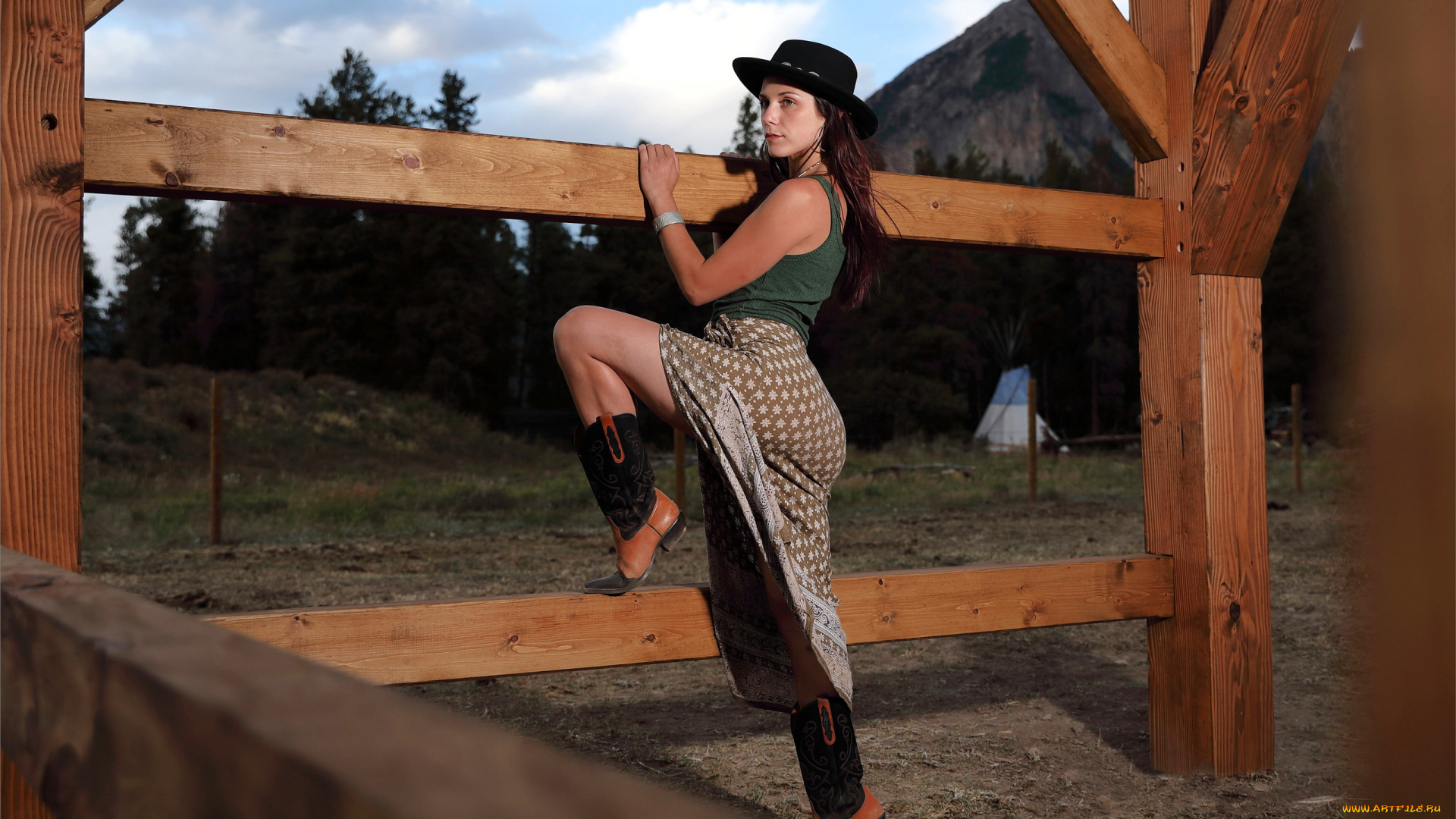 девушки, elena, generi, майка, юбка, сапоги, шляпа
