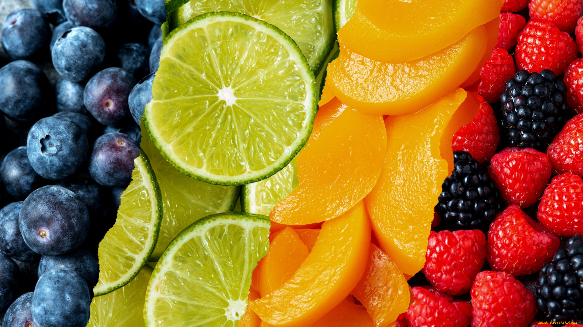 еда, фрукты, , ягоды, черника, малина, ежевика, персик, лайм