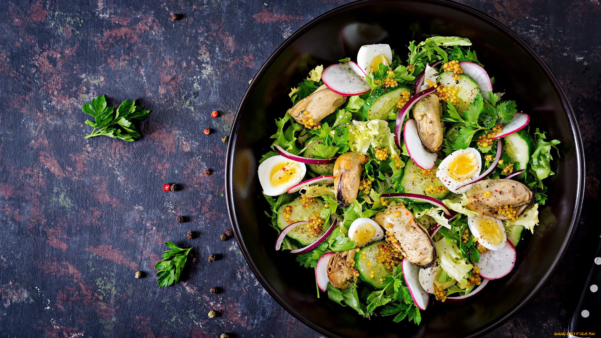 еда, салаты, , закуски, зеленый, салат, мидии, яйца, огурец, редис, петрушка