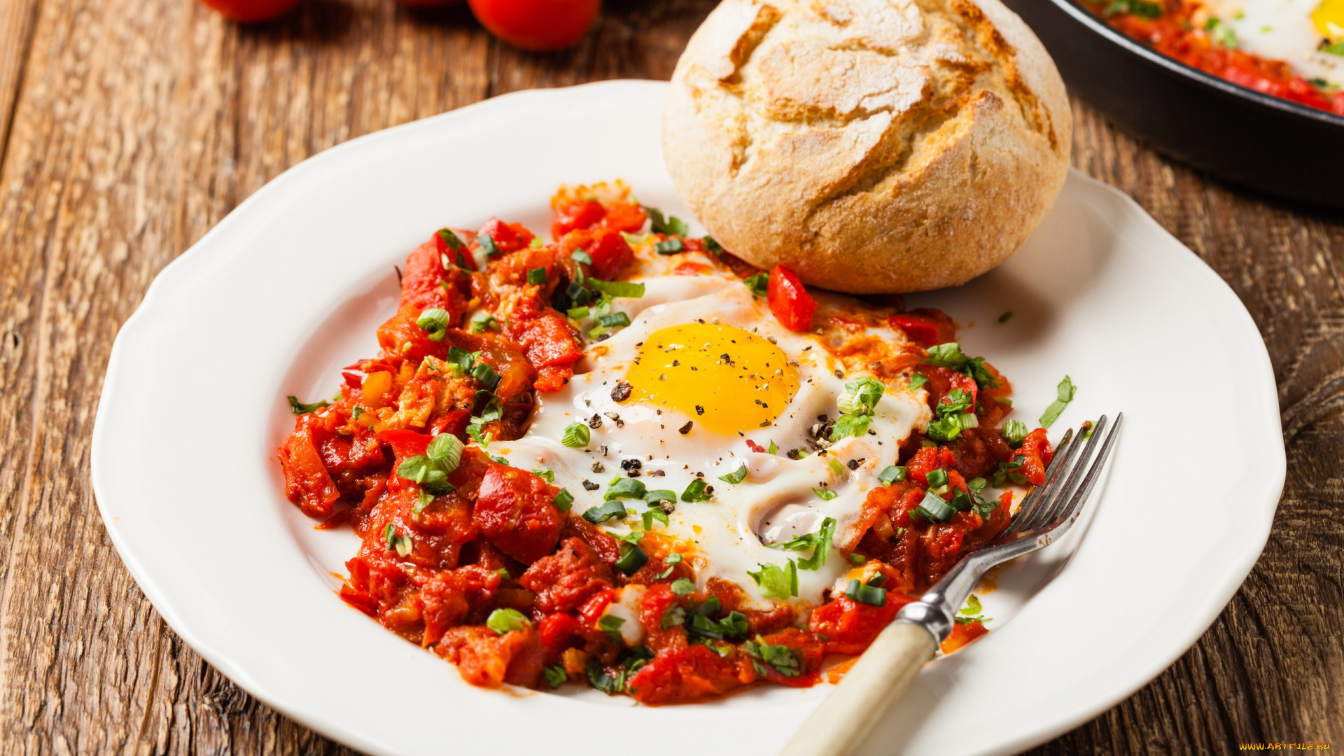 еда, яичные, блюда, булочка, овощи, яичница, глазунья