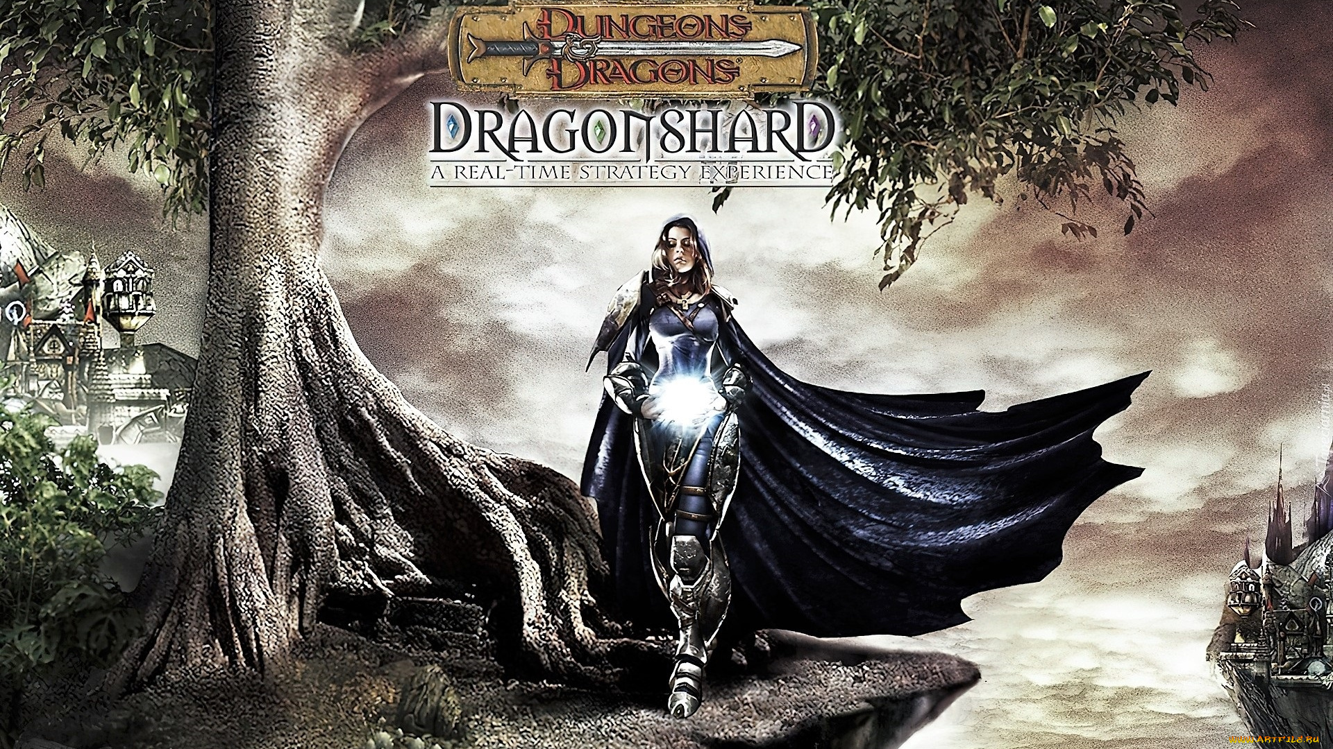 видео, игры, dragonshard, девушка, магия, плащ, дерево, обрыв