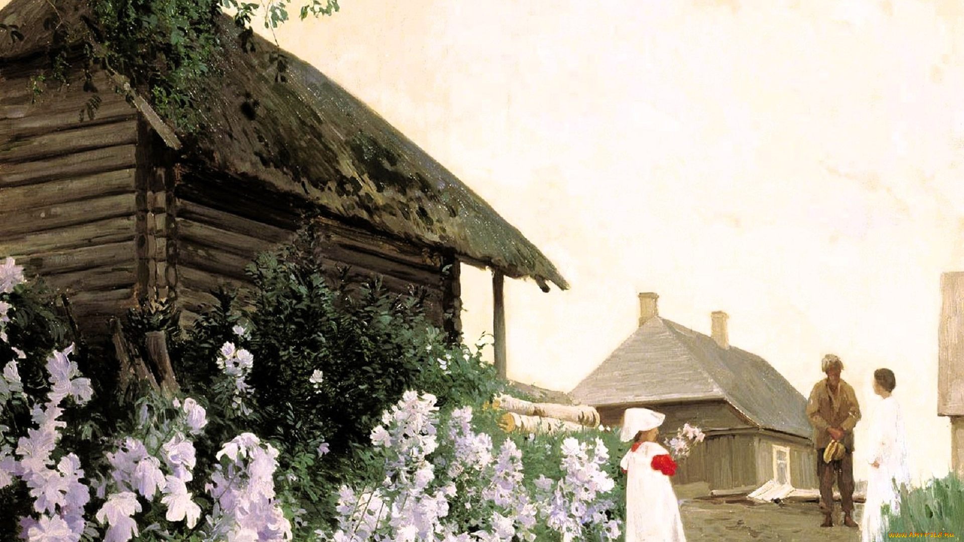 андрей, шильдер, рисованное, деревья, дома, цветы, люди, дорога, девочка