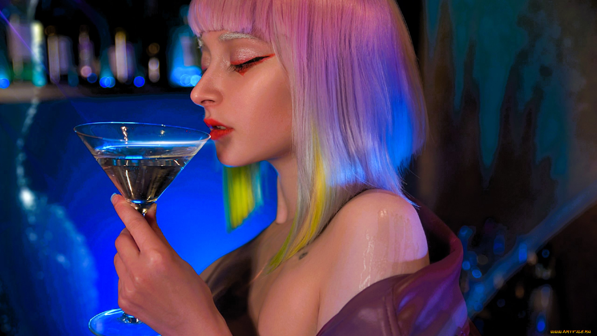 девушки, -, креатив, , косплей, лицо, розовые, волосы, бокал, бар