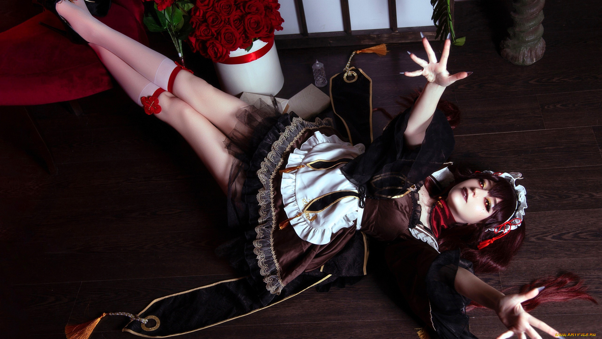 девушки, momo, косплей, образ, наряд, костюм, горничная, пол, розы
