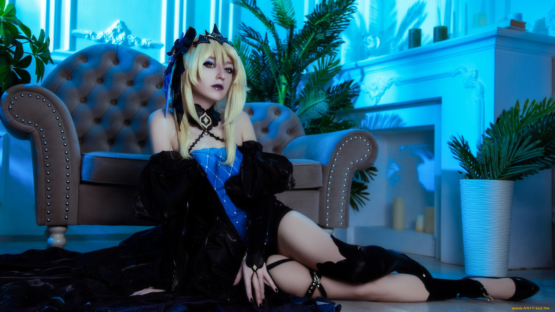 девушки, momo, косплей, образ, наряд, костюм, кресло, камин, растения