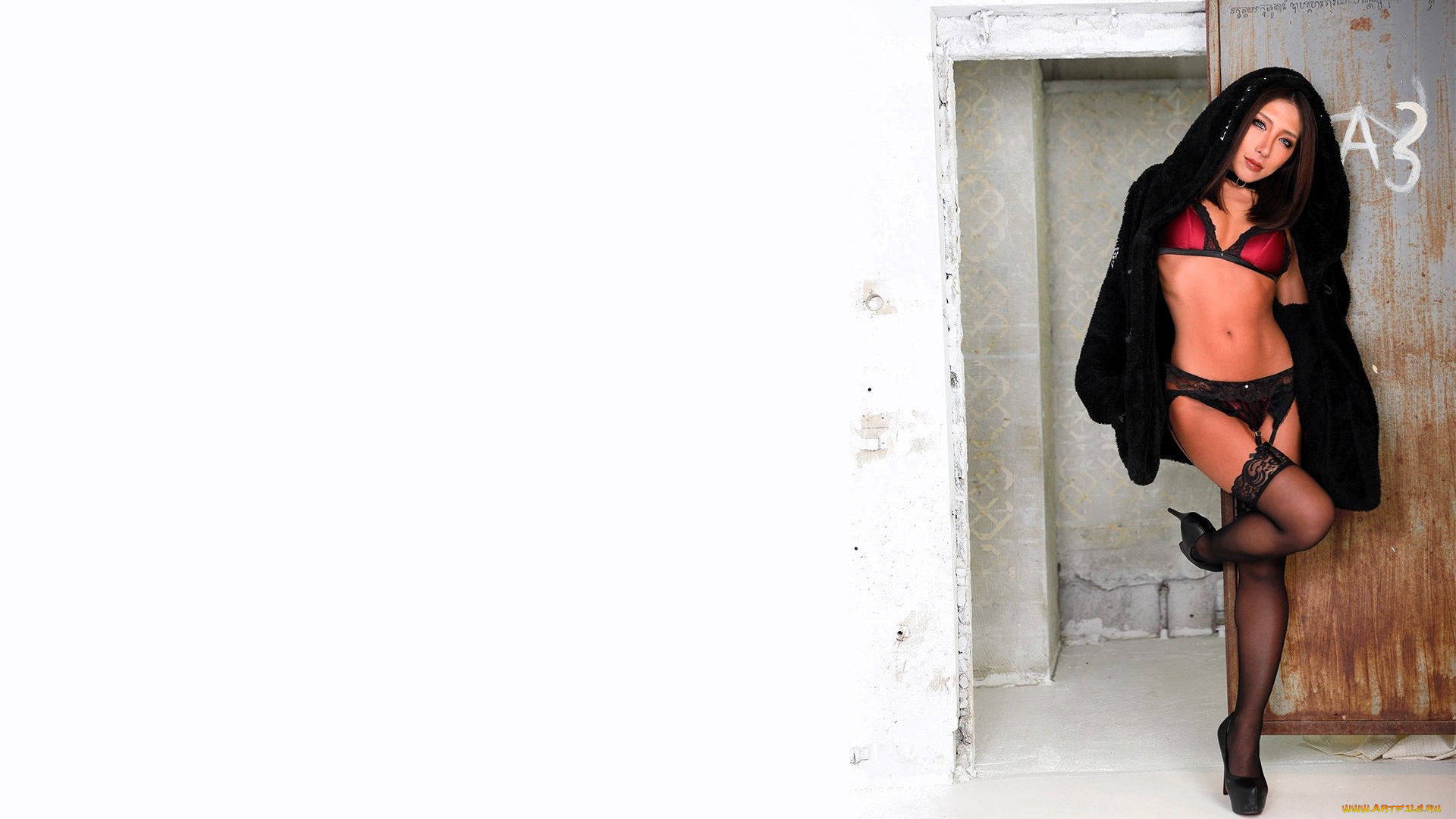 девушки, nonsummerjack, шатенка, шуба, белье, чулки, дверь, капюшон