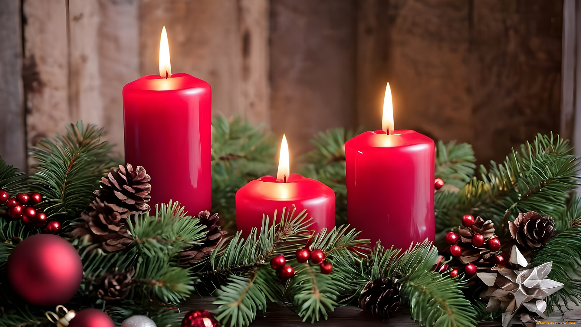 праздничные, новогодние, свечи, шишки, свечи, шарики, огоньки