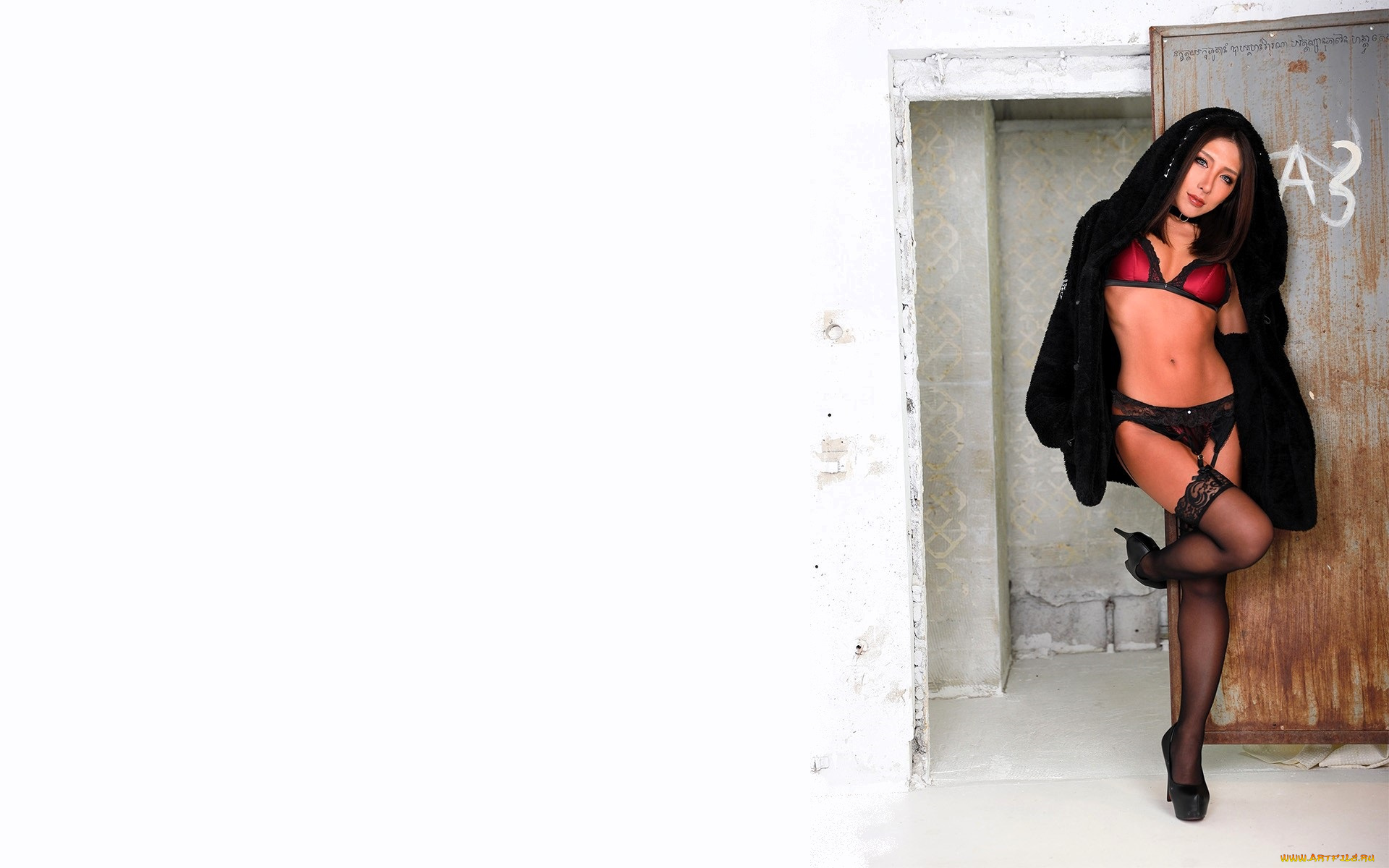 девушки, nonsummerjack, шатенка, шуба, белье, чулки, дверь, капюшон