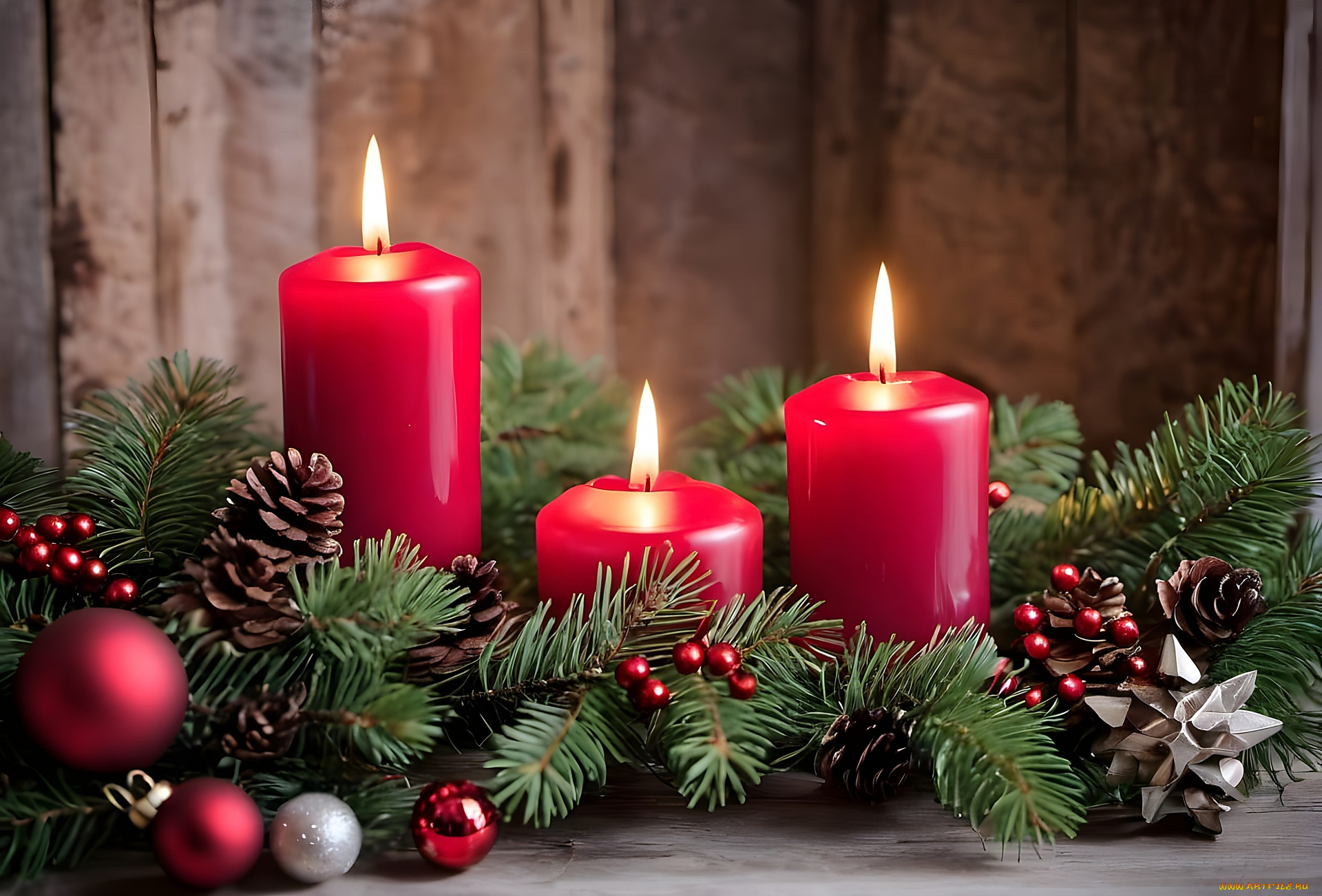 праздничные, новогодние, свечи, шишки, свечи, шарики, огоньки