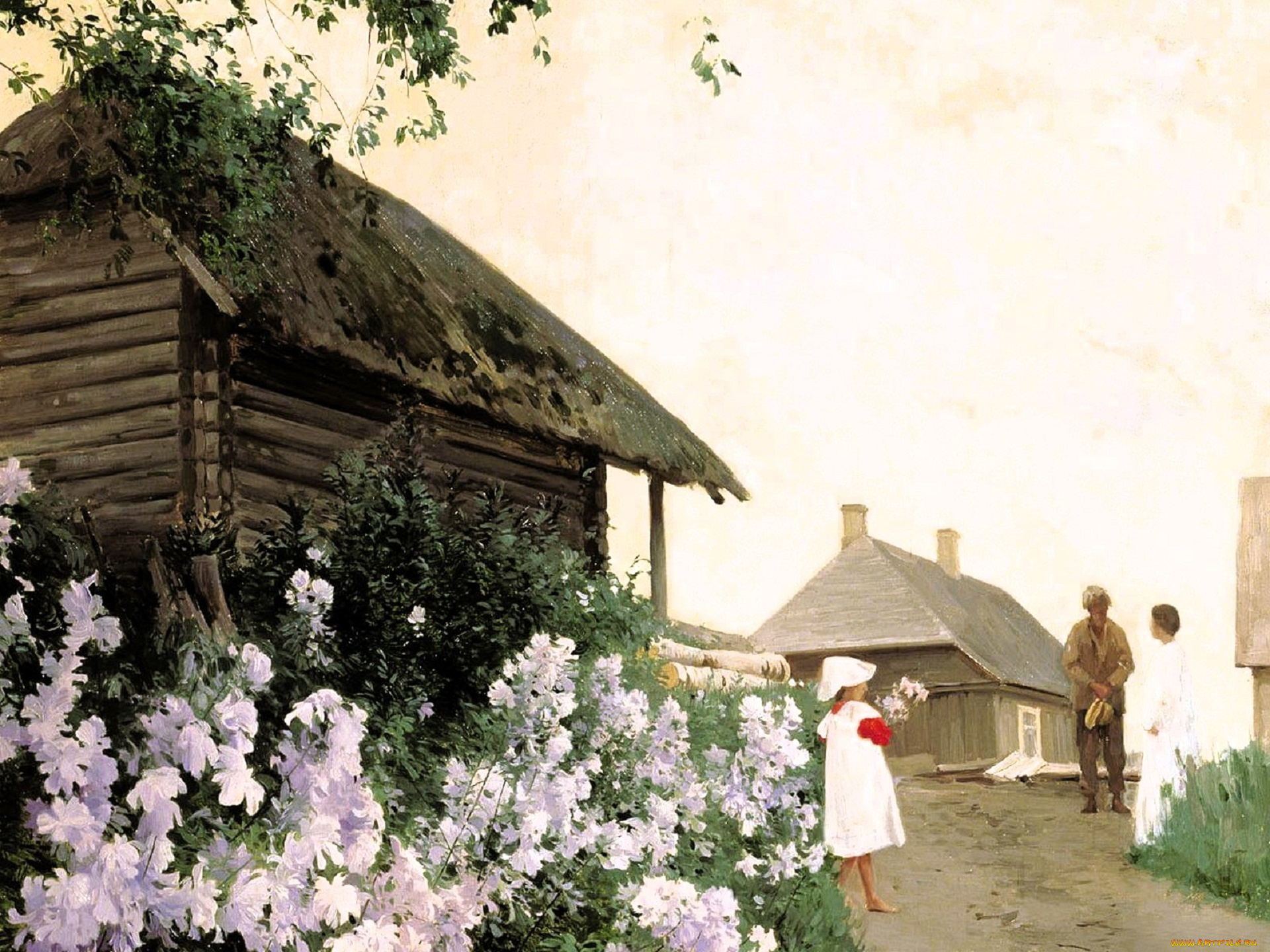 андрей, шильдер, рисованное, деревья, дома, цветы, люди, дорога, девочка