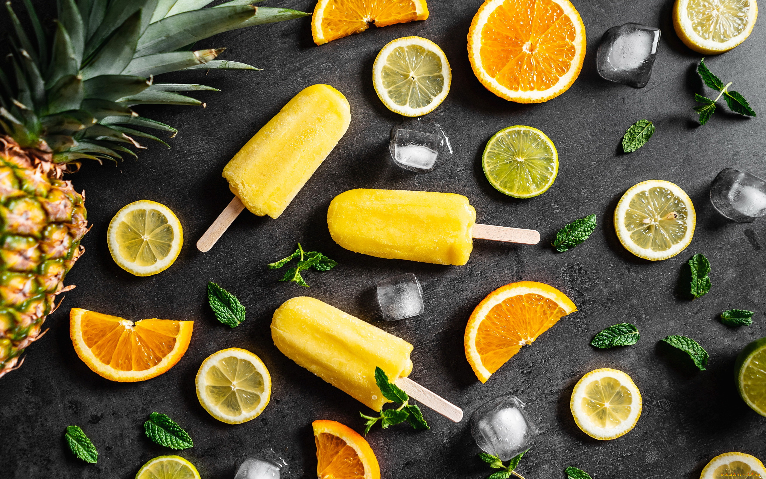 еда, мороженое, , десерты, ананас, цитрусы, лед, мята