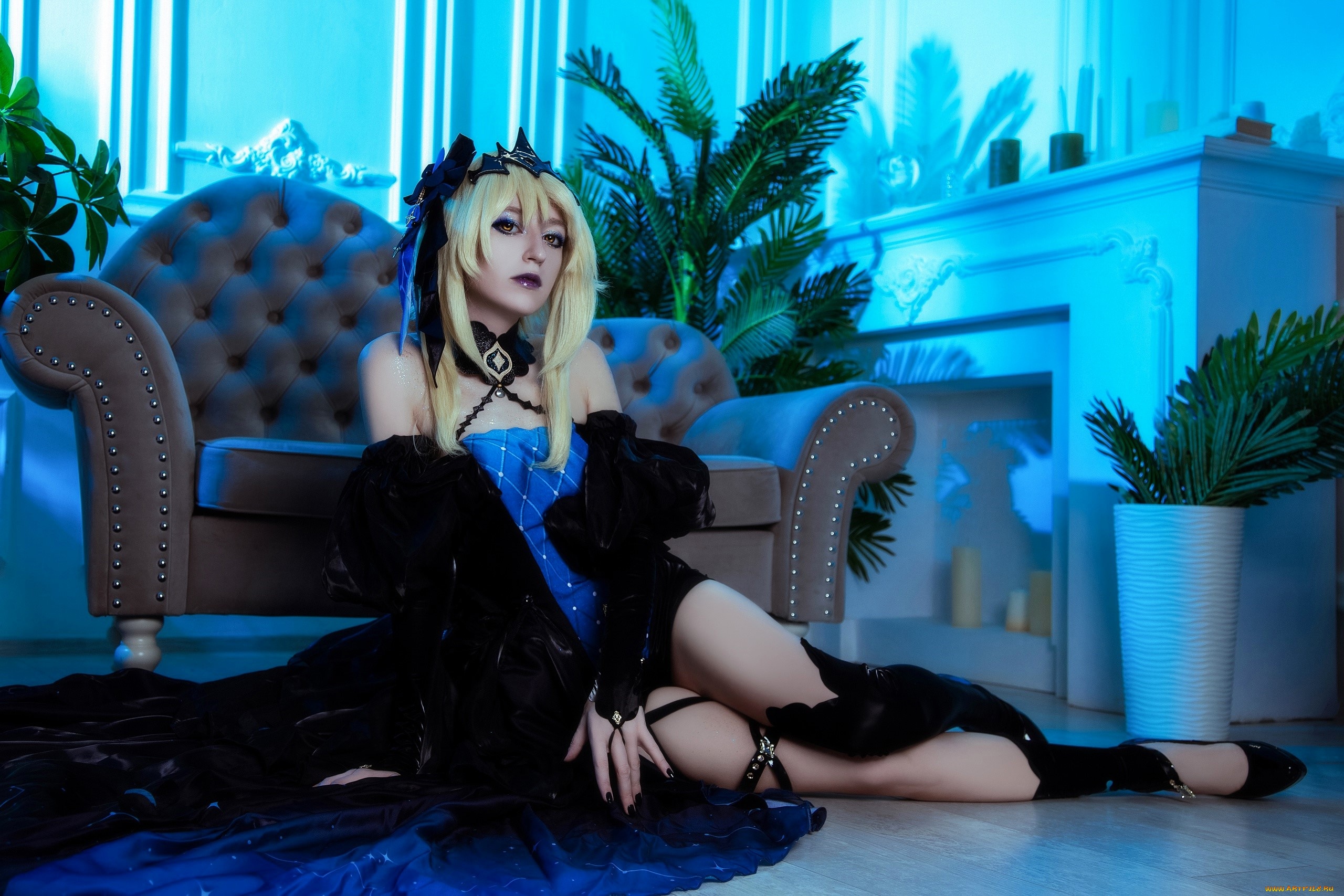 девушки, momo, косплей, образ, наряд, костюм, кресло, камин, растения