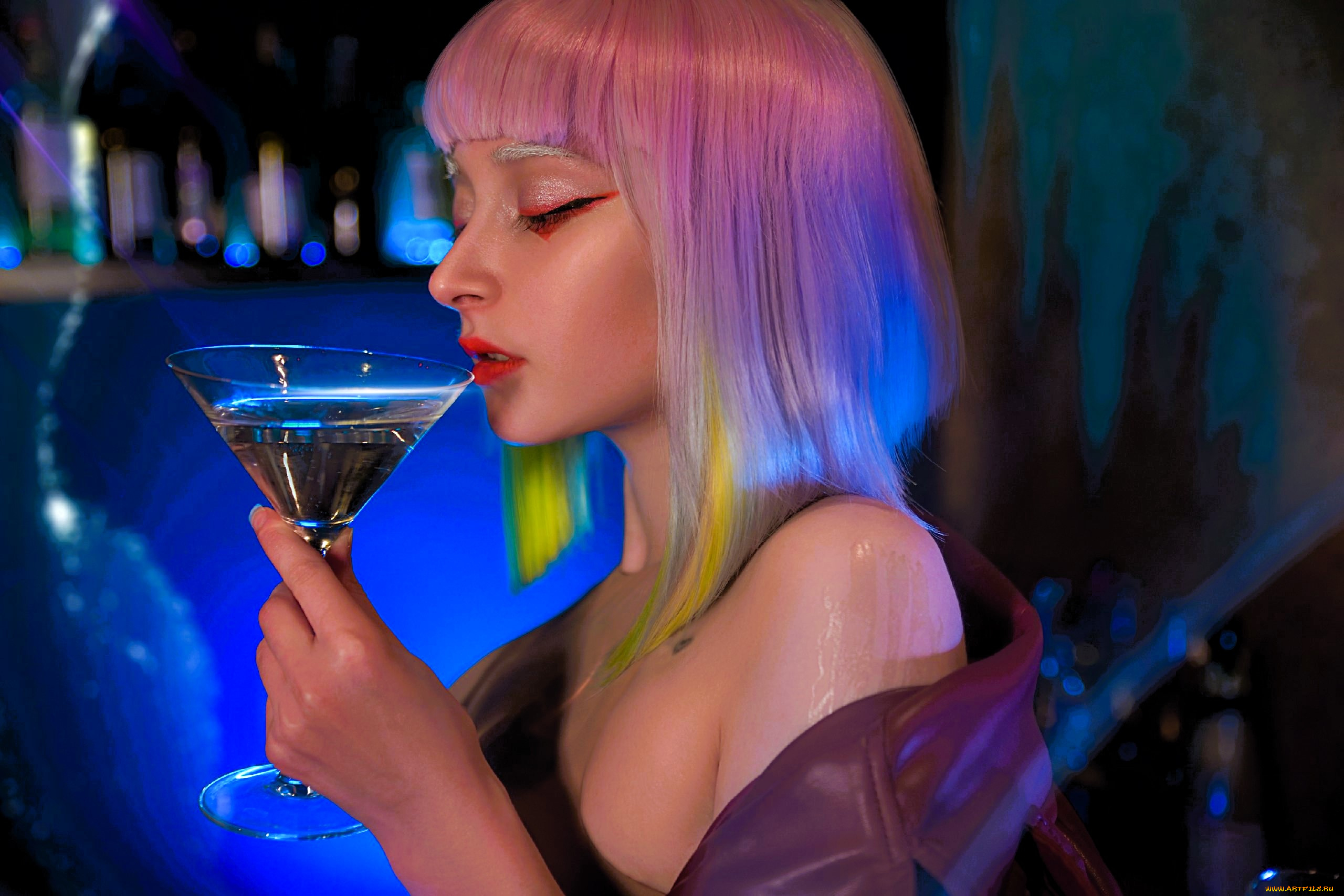 девушки, -, креатив, , косплей, лицо, розовые, волосы, бокал, бар