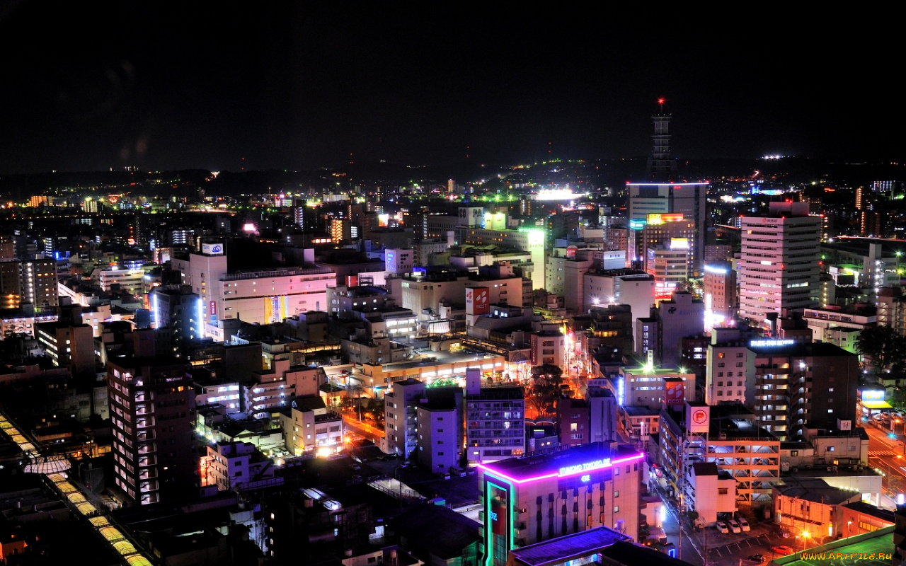 города, огни, ночного, oita, city, japan