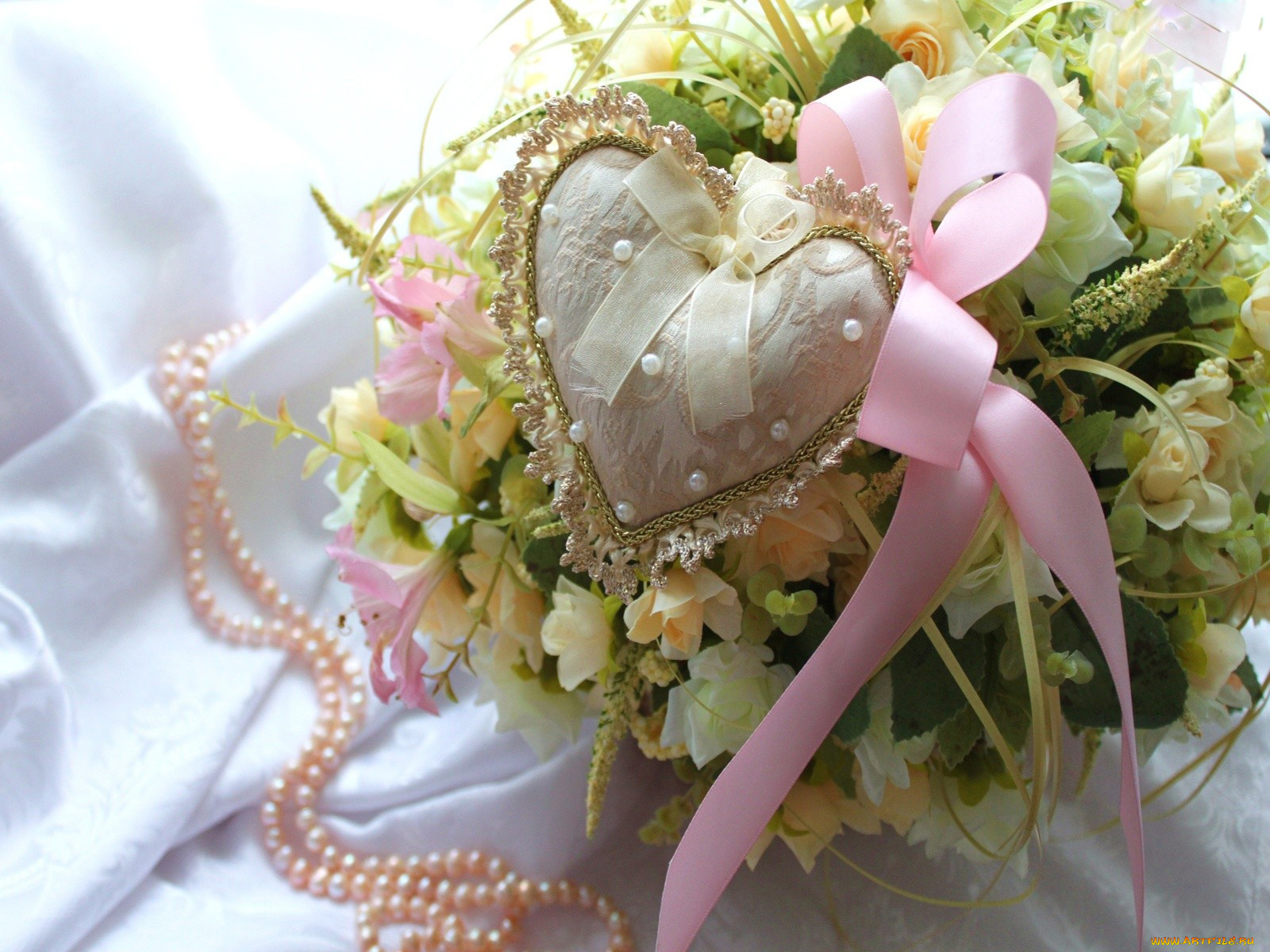 праздничные, день, св, валентина, сердечки, любовь, букет, сердечко, жемчуг, бант