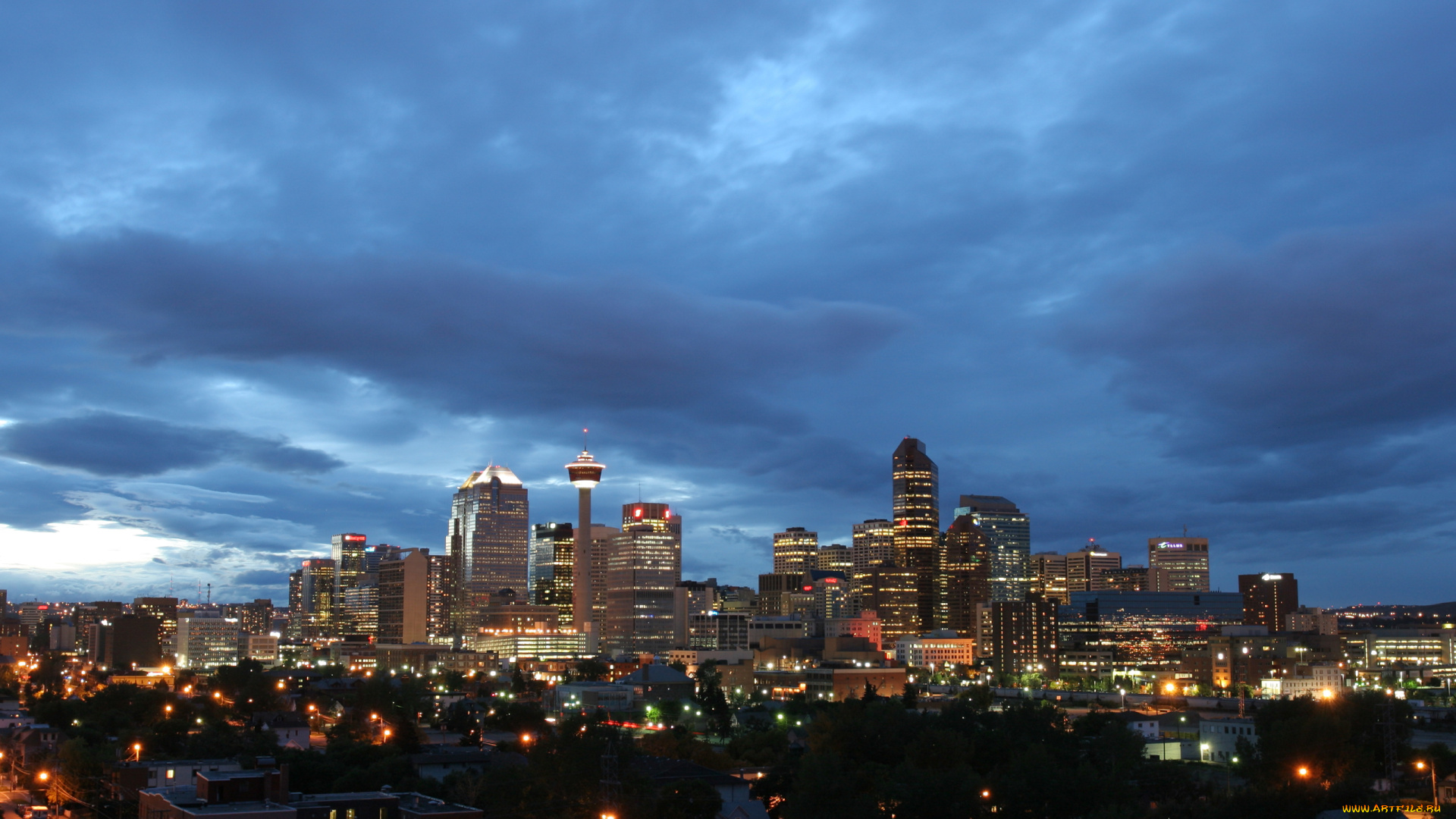 города, огни, ночного, канада, calgary