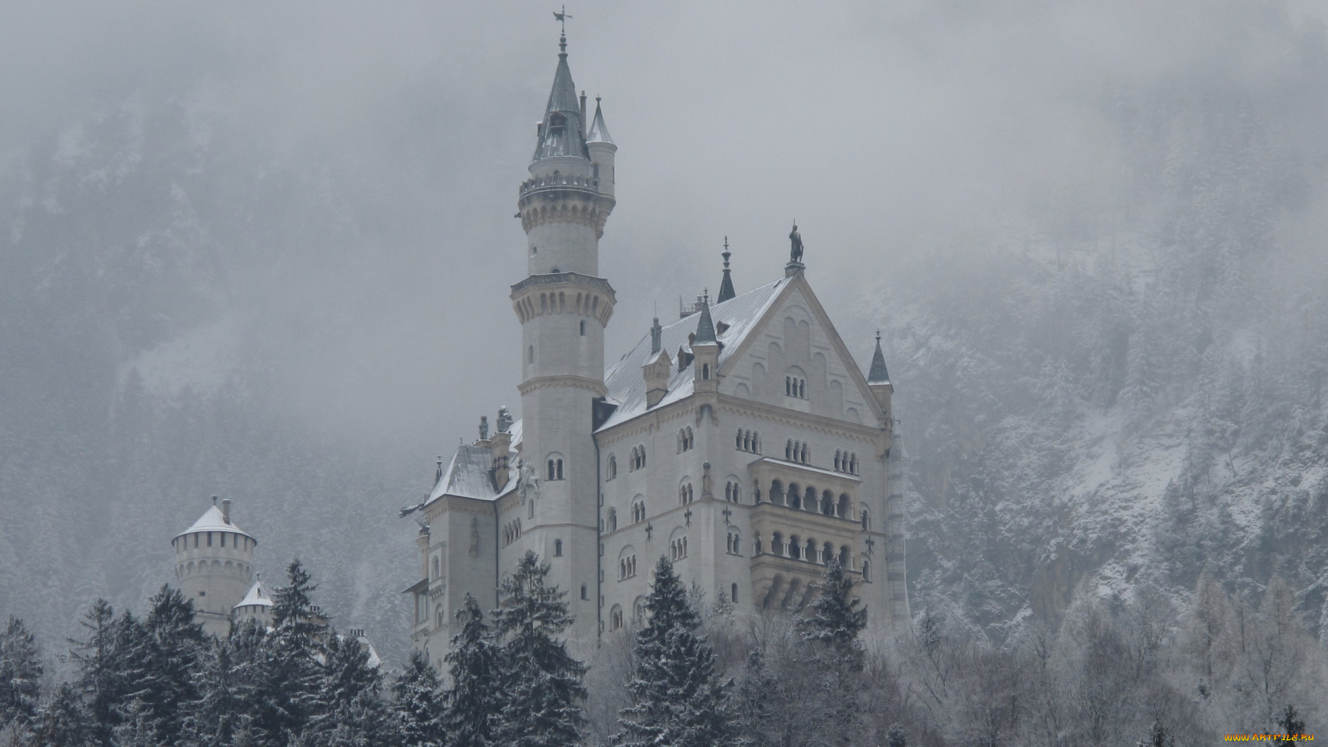 города, замок, нойшванштайн, германия, горы, снег, зима