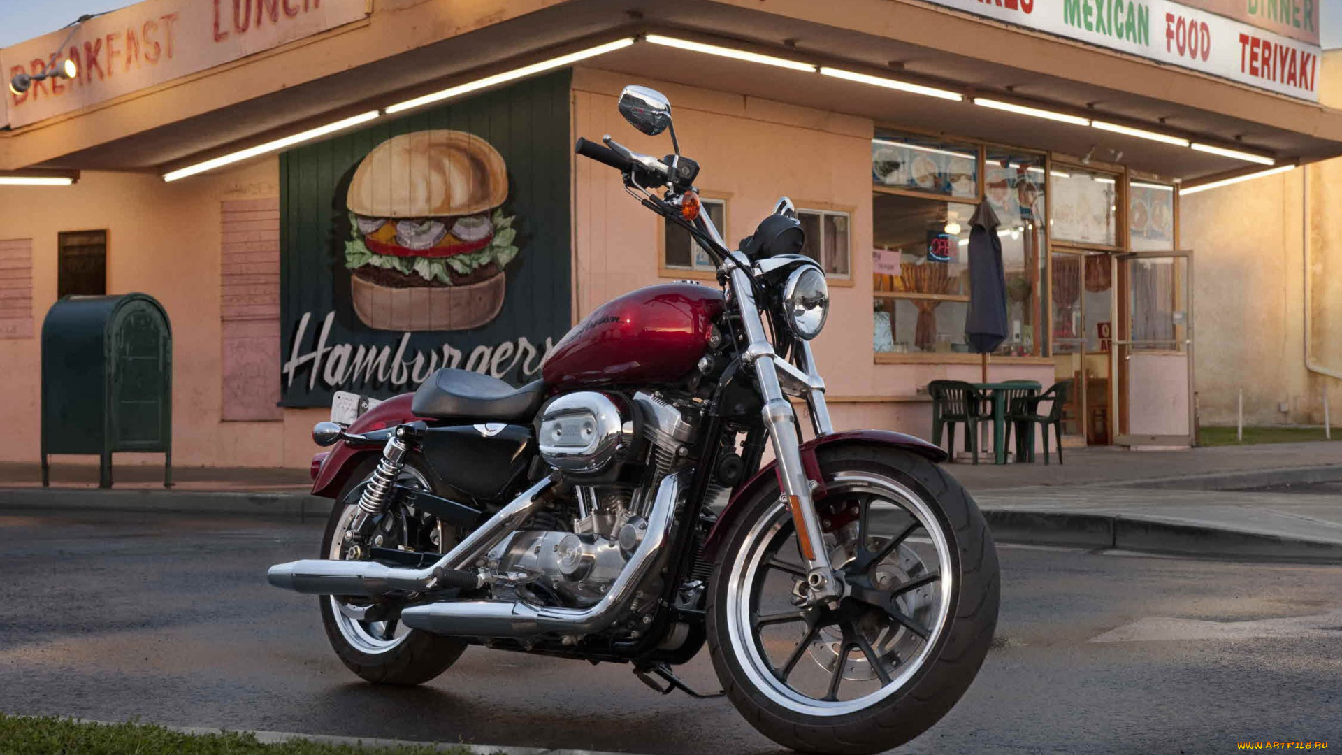 мотоциклы, harley, davidson, кафе, дорога, трава