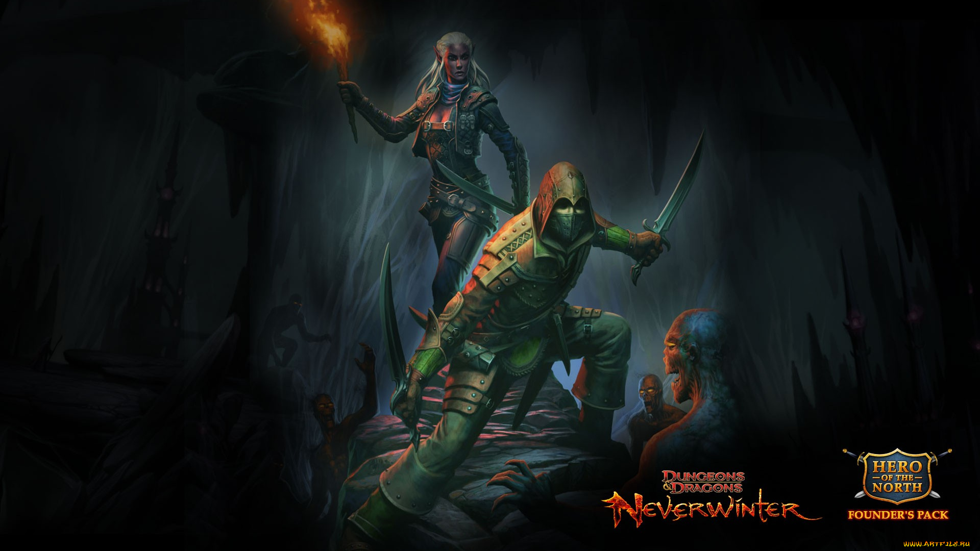 dungeons, dragons, neverwinter, видео, игры, пещера, факел, существа, воины, оружие