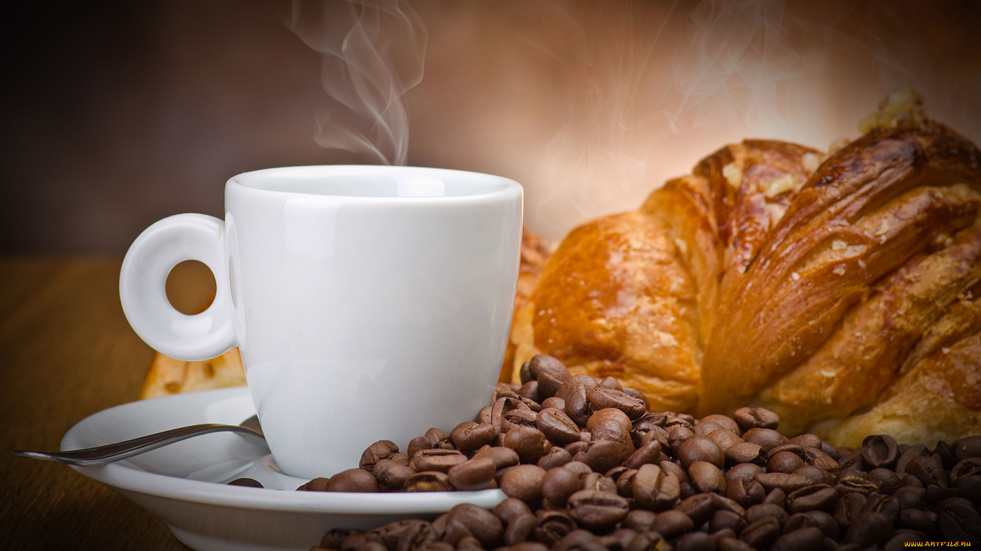 еда, кофе, кофейные, зёрна, чашка, зерна, рогалик