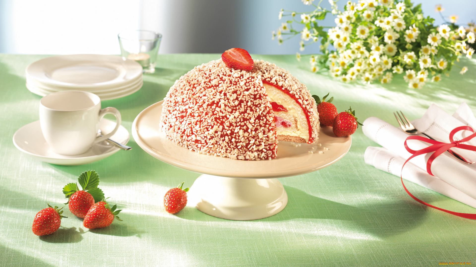 еда, пирожные, кексы, печенье, ромашки, клубника, цветы, торт, ягоды