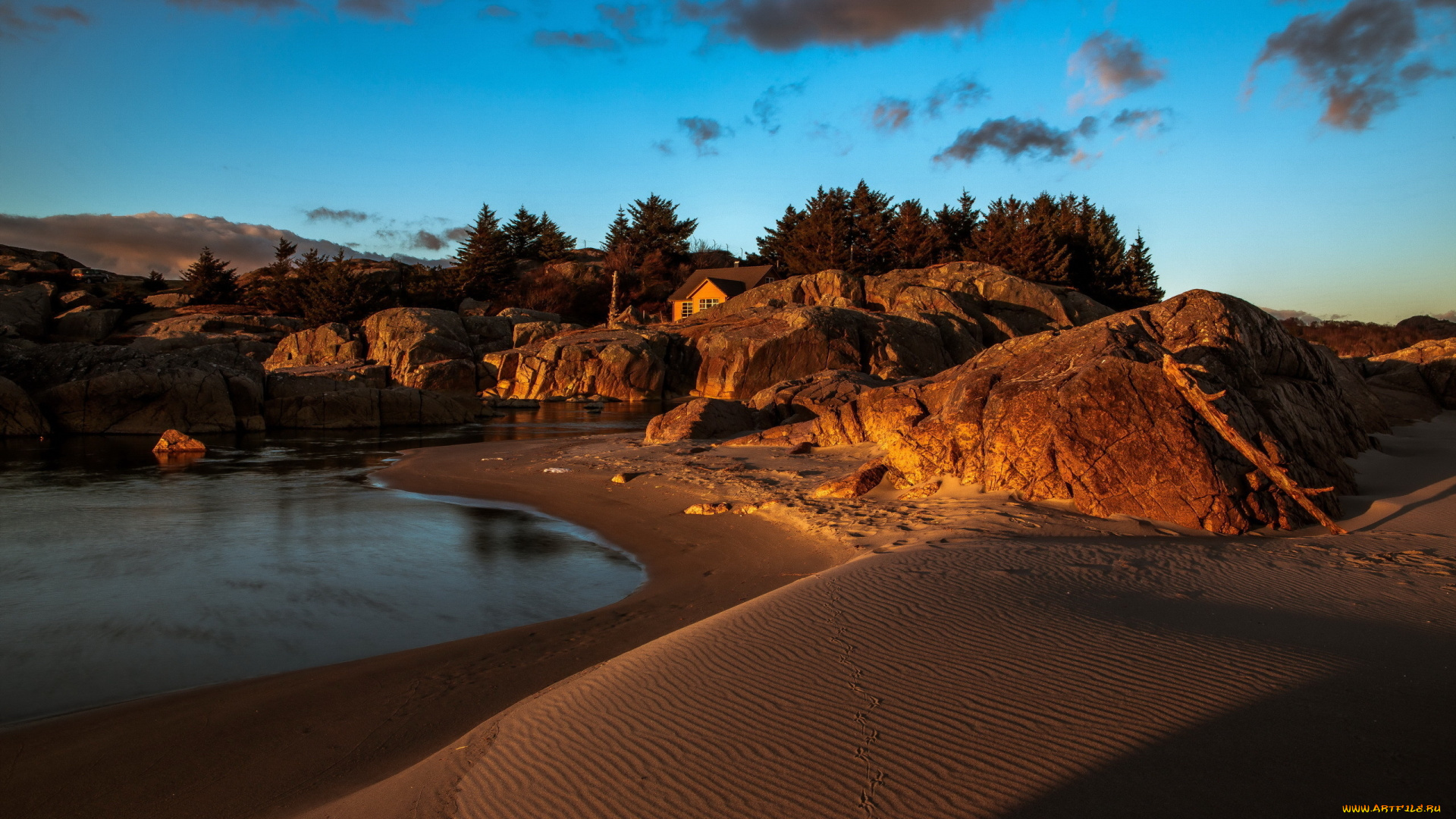 природа, побережье, излучина, деревья, камни, песок, пляж, река