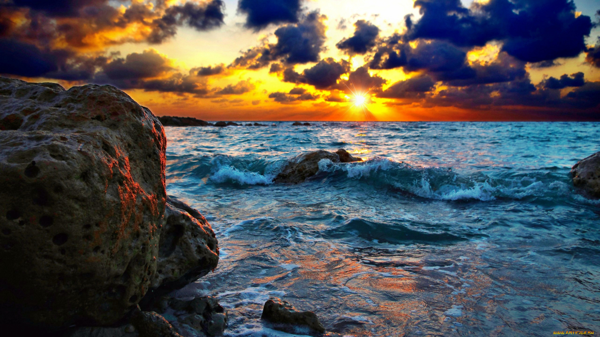 природа, восходы, закаты, волны, пена, закат, скалы, камни, океан