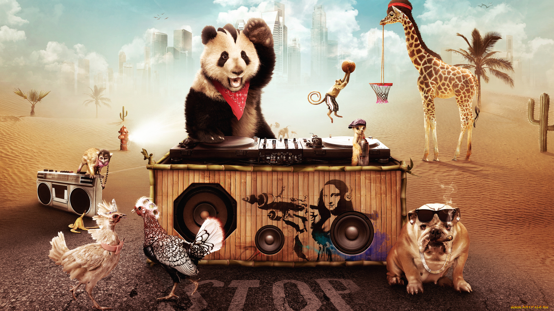 разное, компьютерный, дизайн, обезьяны, панда, собака, бульдог, жираф, животные, сурикат, магнитофон, диджей, вечеринка, пустыня, петухи